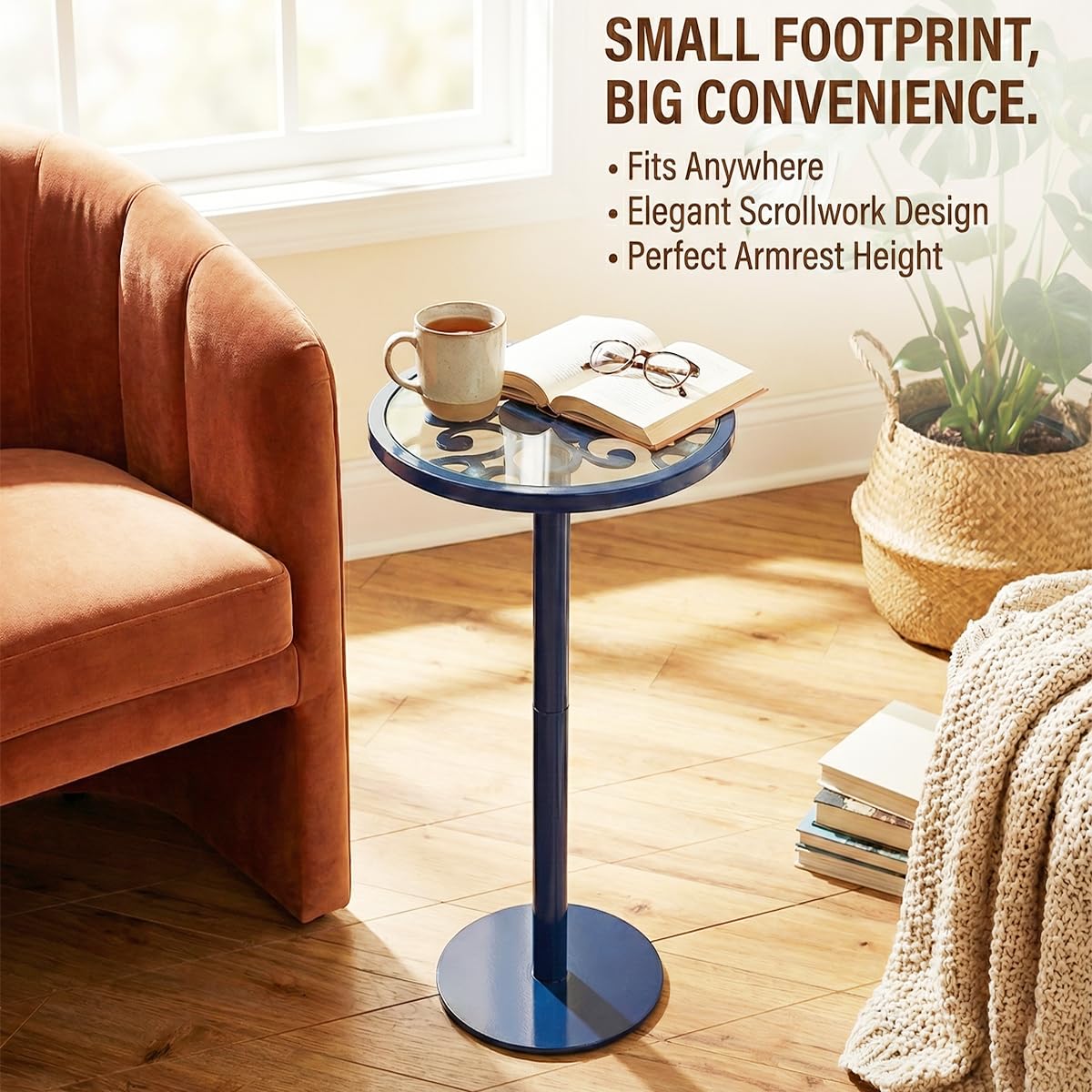 ZEXVIDA Navy Blue Drink Table, Indoor Outdoor Small Round Side Table with Tempered Glass & Scroll Design, 24.7" Metal Pedestal End Table for Living Room,Patio, Pool, Coastal Nautical Decor (Navy Blue)