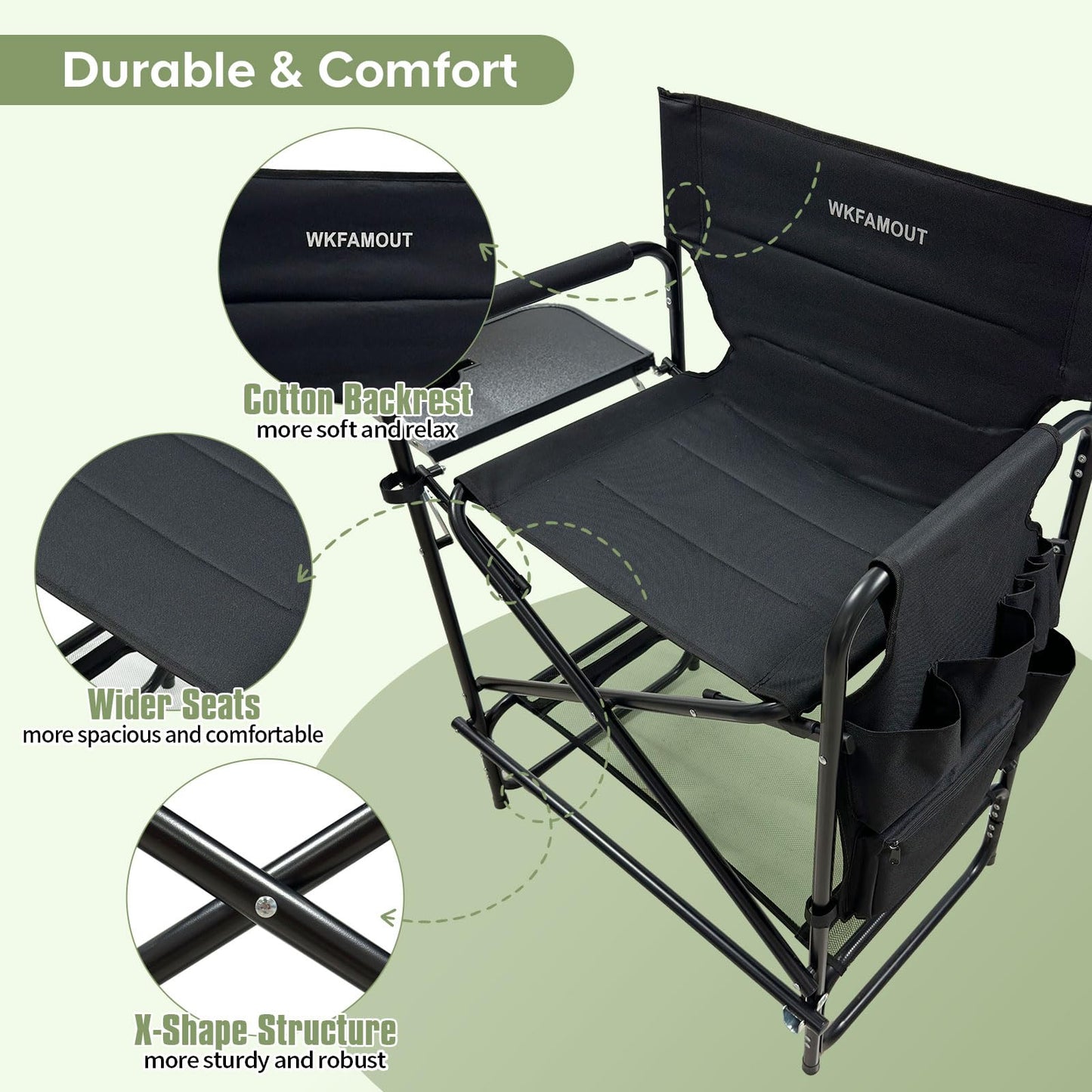 WKFAMOUT 27" Tall Camping Director Chair Oversized with Side Table, Heavy Duty Folding Lawn Chair Outdoor for Makeup Artist, Sports Event, Supports 330LBS
