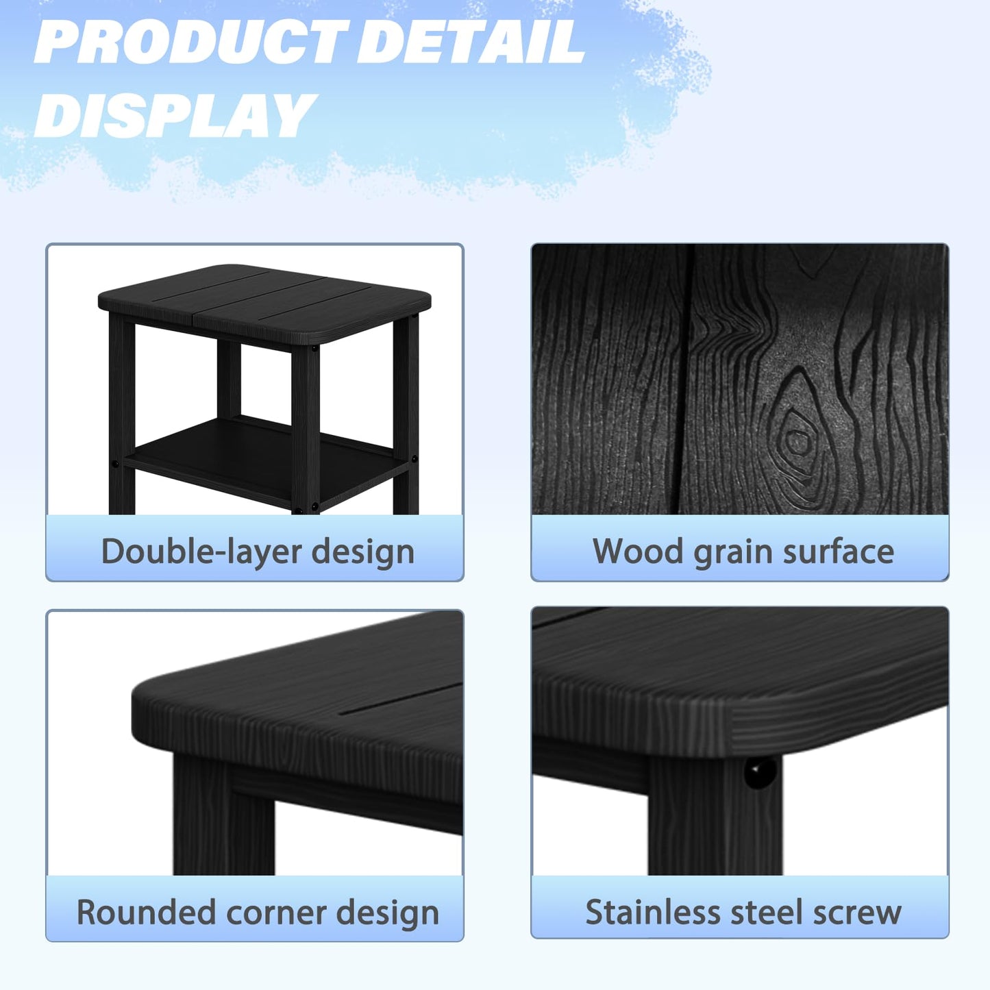 Ayge 17.7" Double Outdoor Side Table, Rectangular HDPE Adirondack End Table for Patio, Lawn, Pool, Garden, Backyard，Black