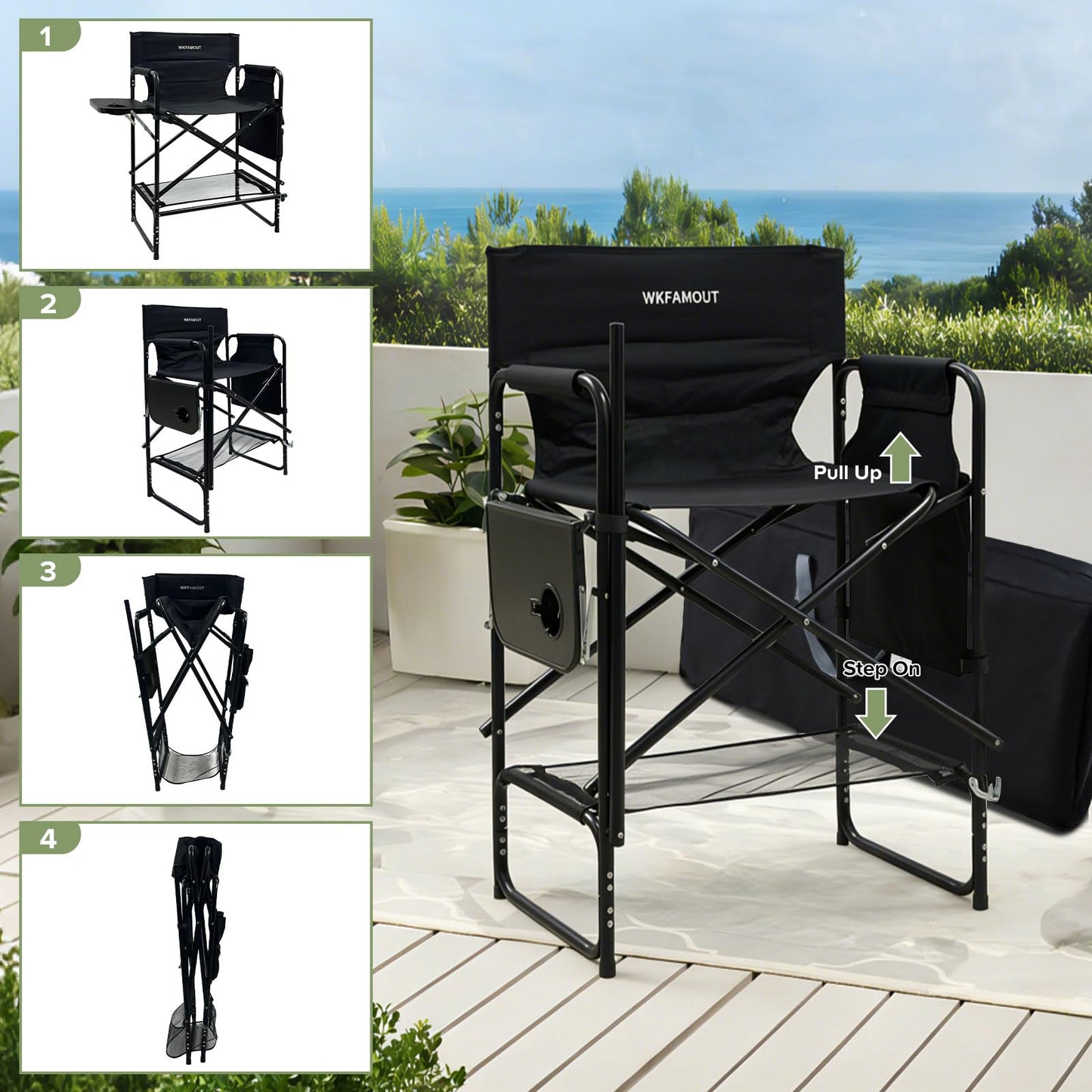 WKFAMOUT 27" Tall Camping Director Chair Oversized with Side Table, Heavy Duty Folding Lawn Chair Outdoor for Makeup Artist, Sports Event, Supports 330LBS