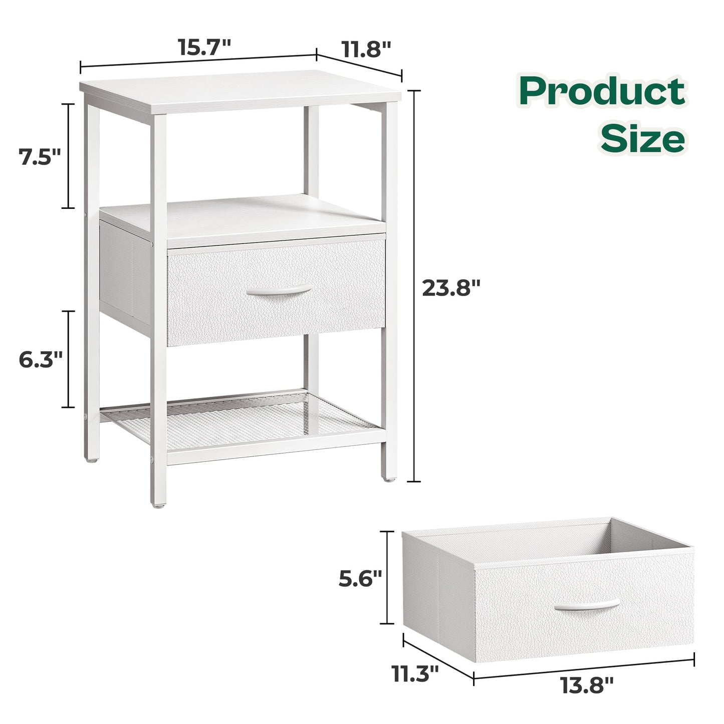 Huuger Night Stand with Fabric Drawer, Side Table with Mesh Shelf, Bedroom Nightstand, Fabric Drawer Dresser, Open Shelf, Metal Frame, Couch Side, White