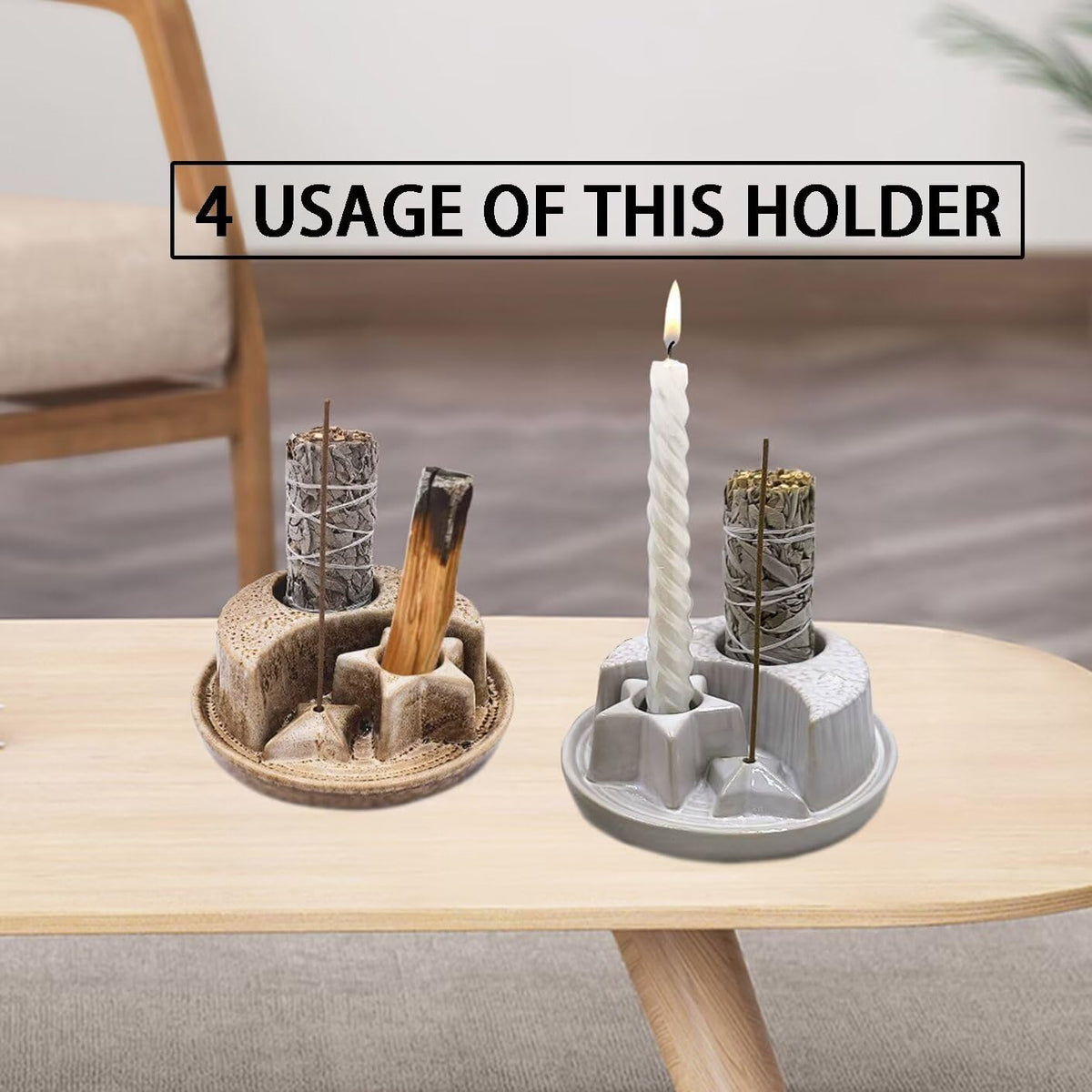 Aonfubu Palo Santo Stick Holder,Ceramic Sage Holder for Burning,4 in 1 Incense and Candle Holder,Ash Catcher Tray for Meditation Yoga Room Speckled White