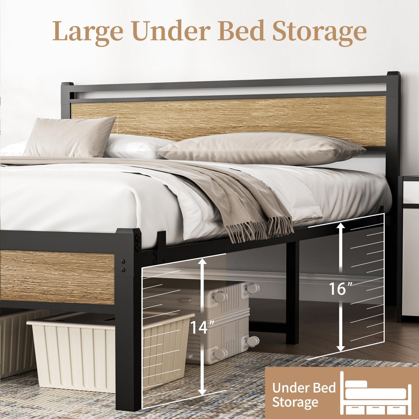 Easy Install 16 Inch Queen Size Bed Frame,Metal Platform Bed Frame with Wooden Headboard and Footboard,Mattress Foundation,Large Under Bed Storage,No Box Spring Needed,Non-Slip Without Noise,Walnut