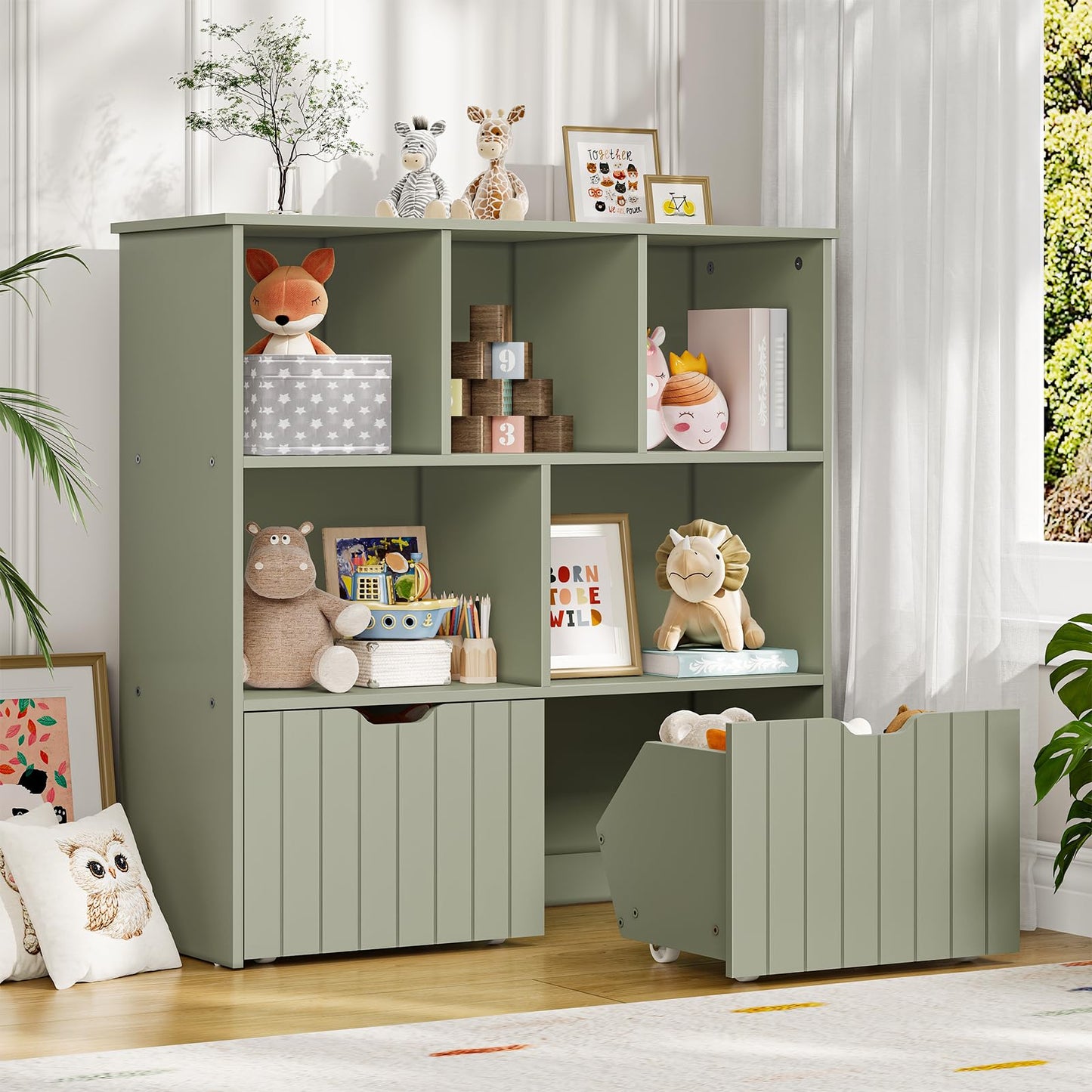 HOOBRO Toy Storage Organizer, Toy Organizers and Storage with 2 Movable Drawers and 5 Cubbies, Toy Chest Shelf for Books or Dolls, Kids Bookshelf and Toy Storage for Playroom, Green GN88CW01