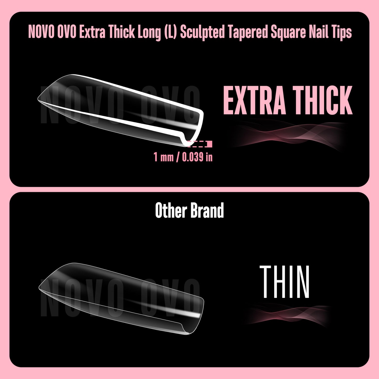 NOVO OVO Long Square Nail Tips SCULPTED (Not NATURAL) for Curved Nail Beds, Extra Thick L Length False Nails Press on, Full Cover Soft Gel Fake Nail Extension, Salon DIY x 15 Sizes 450 pcs