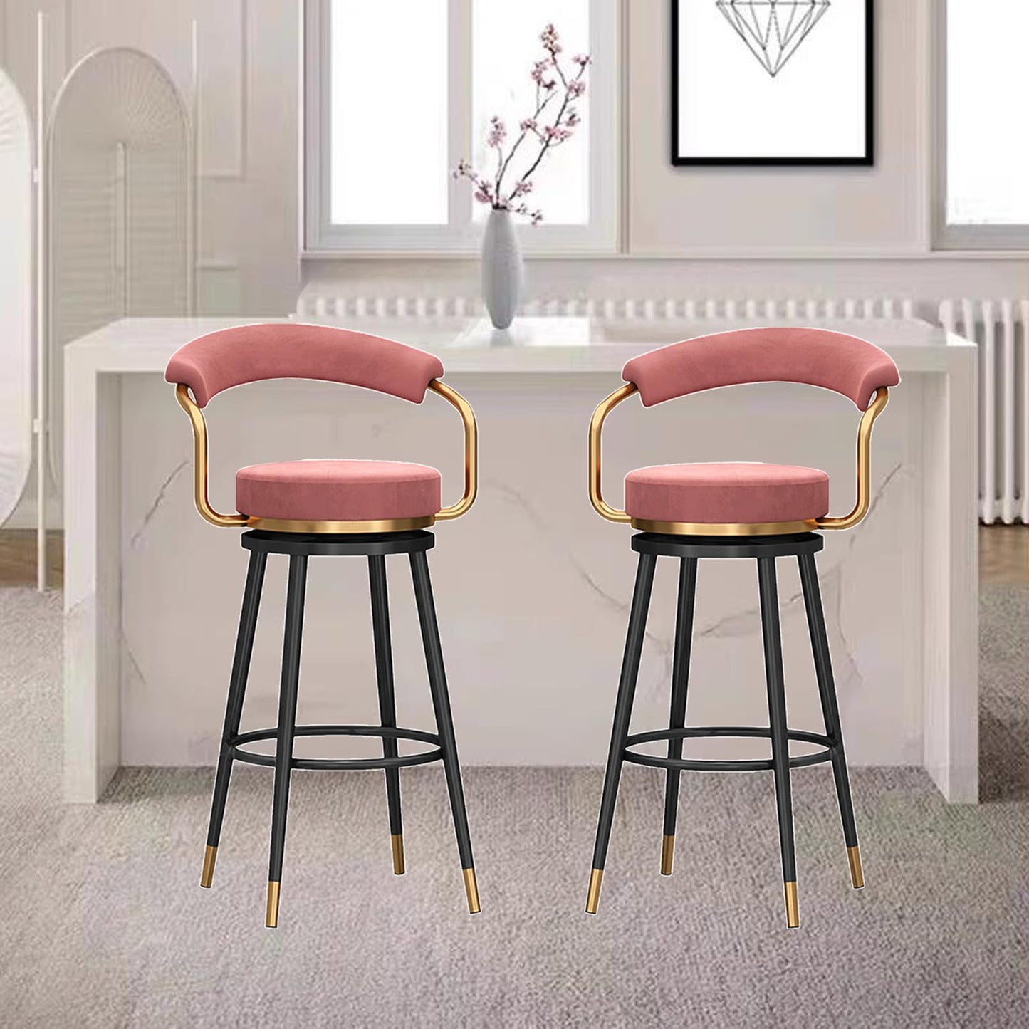 Tall Stools of 2, Height stools with Hollow Back, Velvet Swivel Chairs, Black Metal Legs, Kitchen Island Stools, Seat 65cm, Blue (Pink Seat Height 65cm)