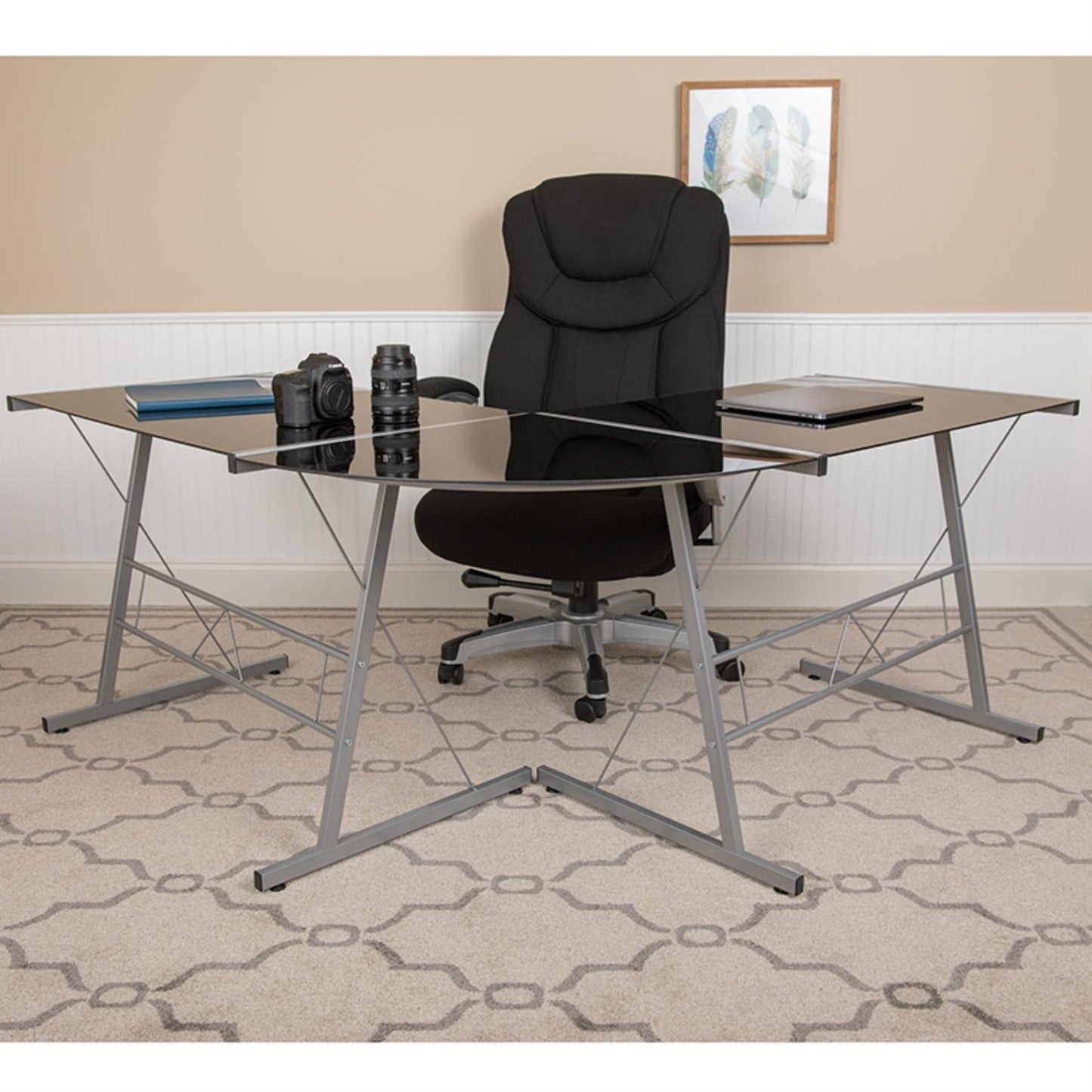 Flash Furniture Black Glass L-Shape Corner Computer Desk with Silver Metal Frame