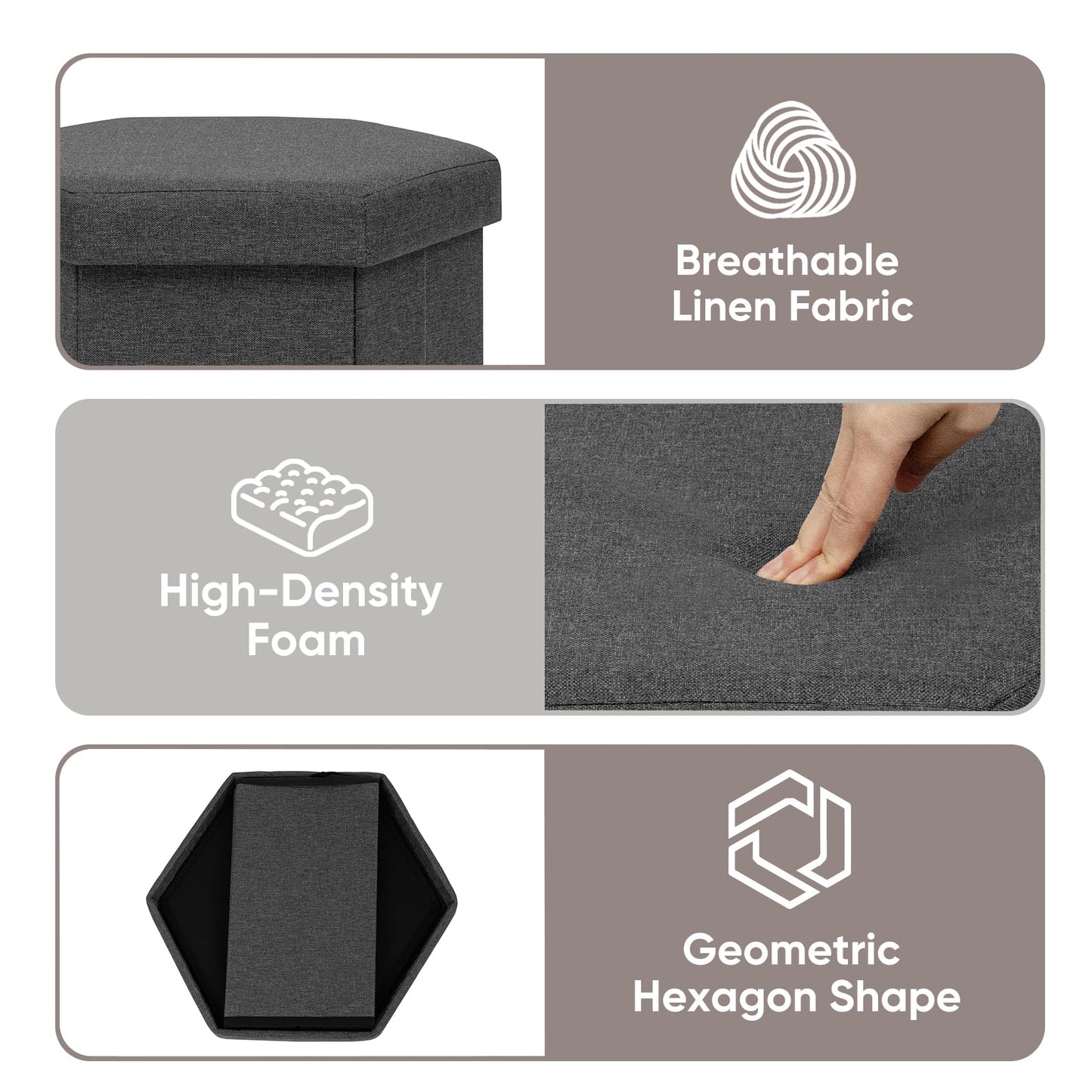 ZOLANOful Hexagon Storage Ottoman, Foldable Linen Footrest with Hidden Storage, Upholstered Ottoman Footstool for Living Room, Bedroom, Dorm, Entryway, 15 x 16.9 x 15 Inches, Grey