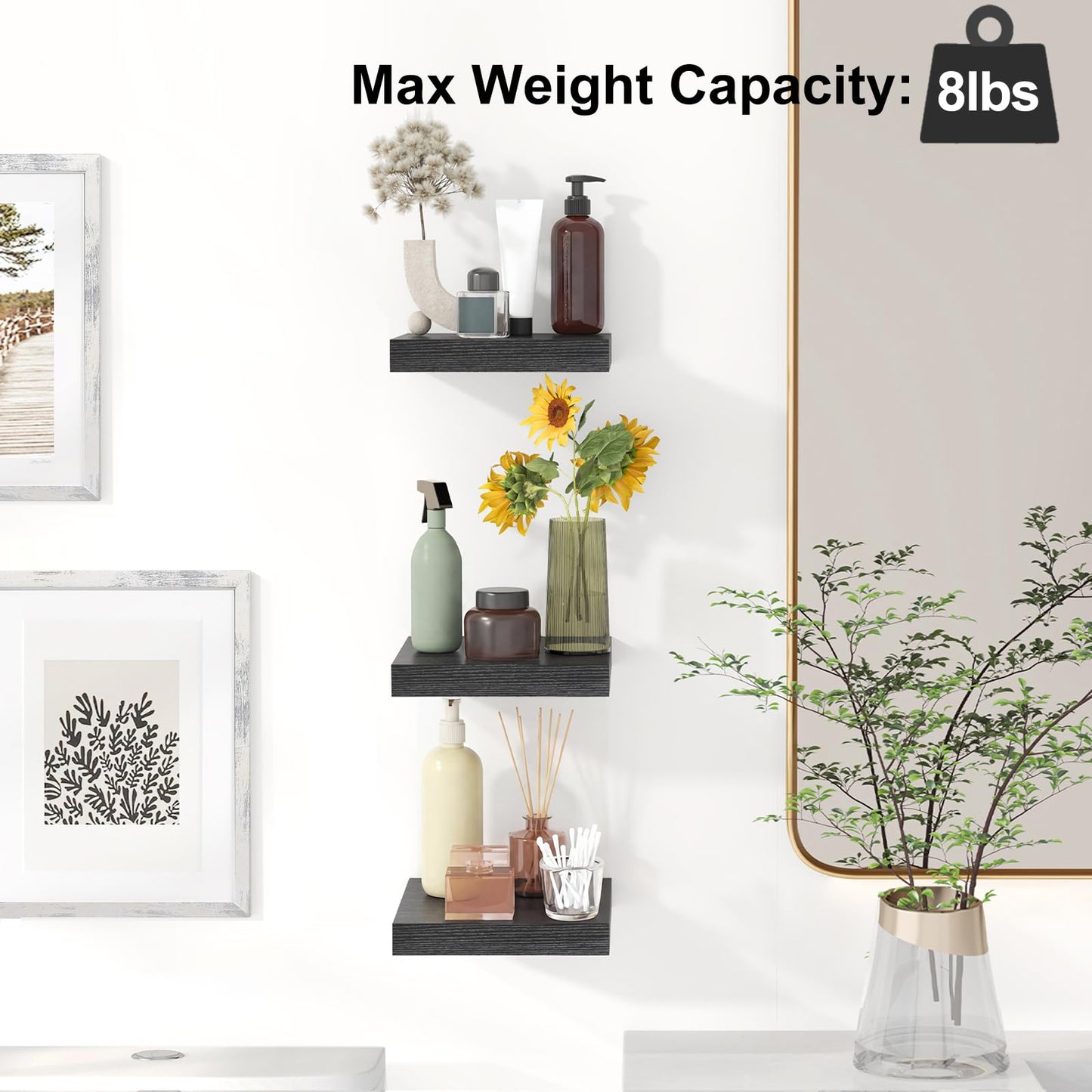 Fixwal Floating Shelves for Wall, 8 Inch Small Black Shelves Wall Mounted Shelf for Bathroom, Living Room, Bedroom, Kitchen Decor (Set of 3, 8x8)
