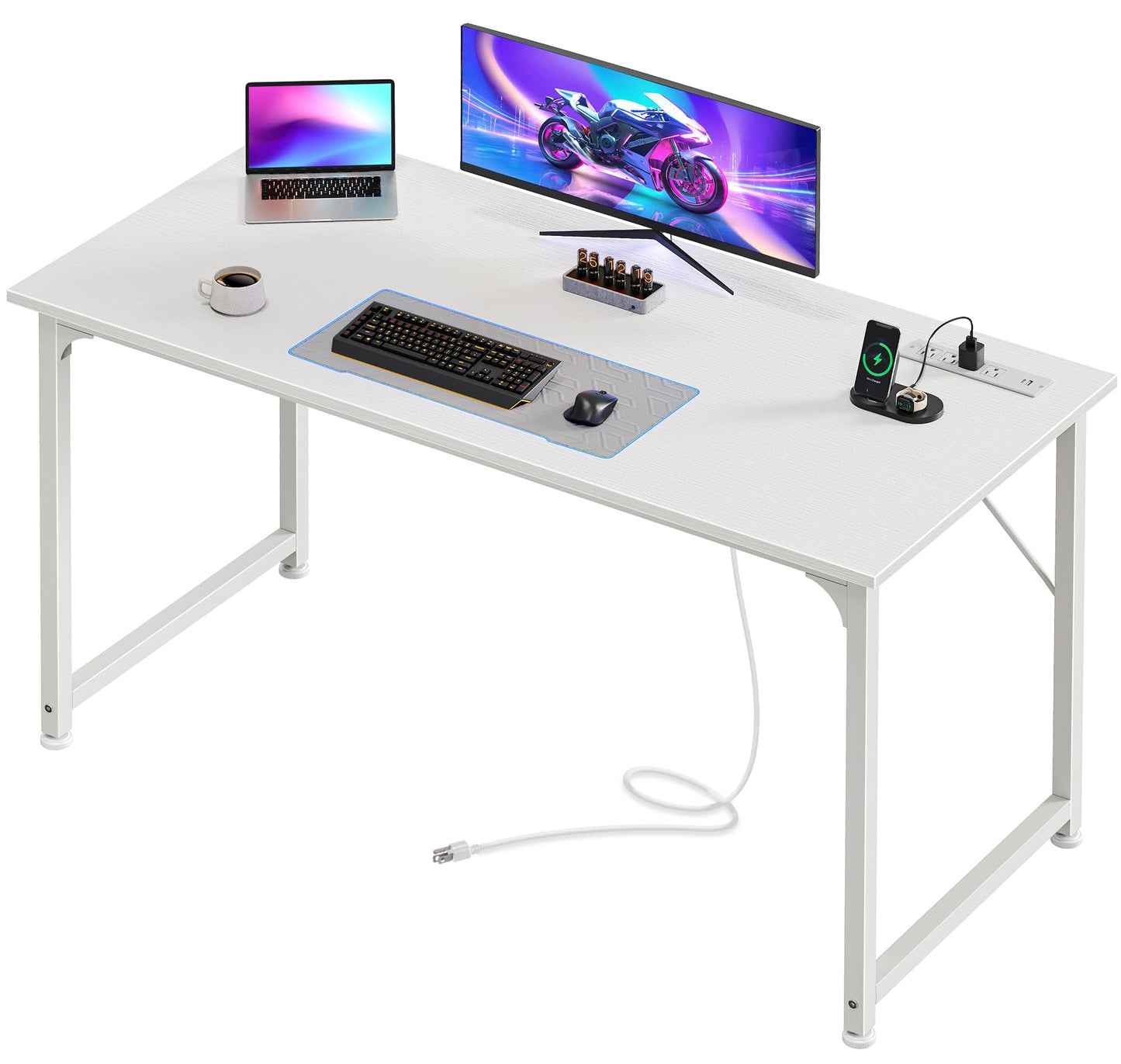 PRAISUN 47 X 20 Inch Office Computer Desk with Power Outlets and USB-C Port, Larger Gaming Desk, for Home Office, Study, Bedroom, Writing Work from Home Table, Metal Frame, White