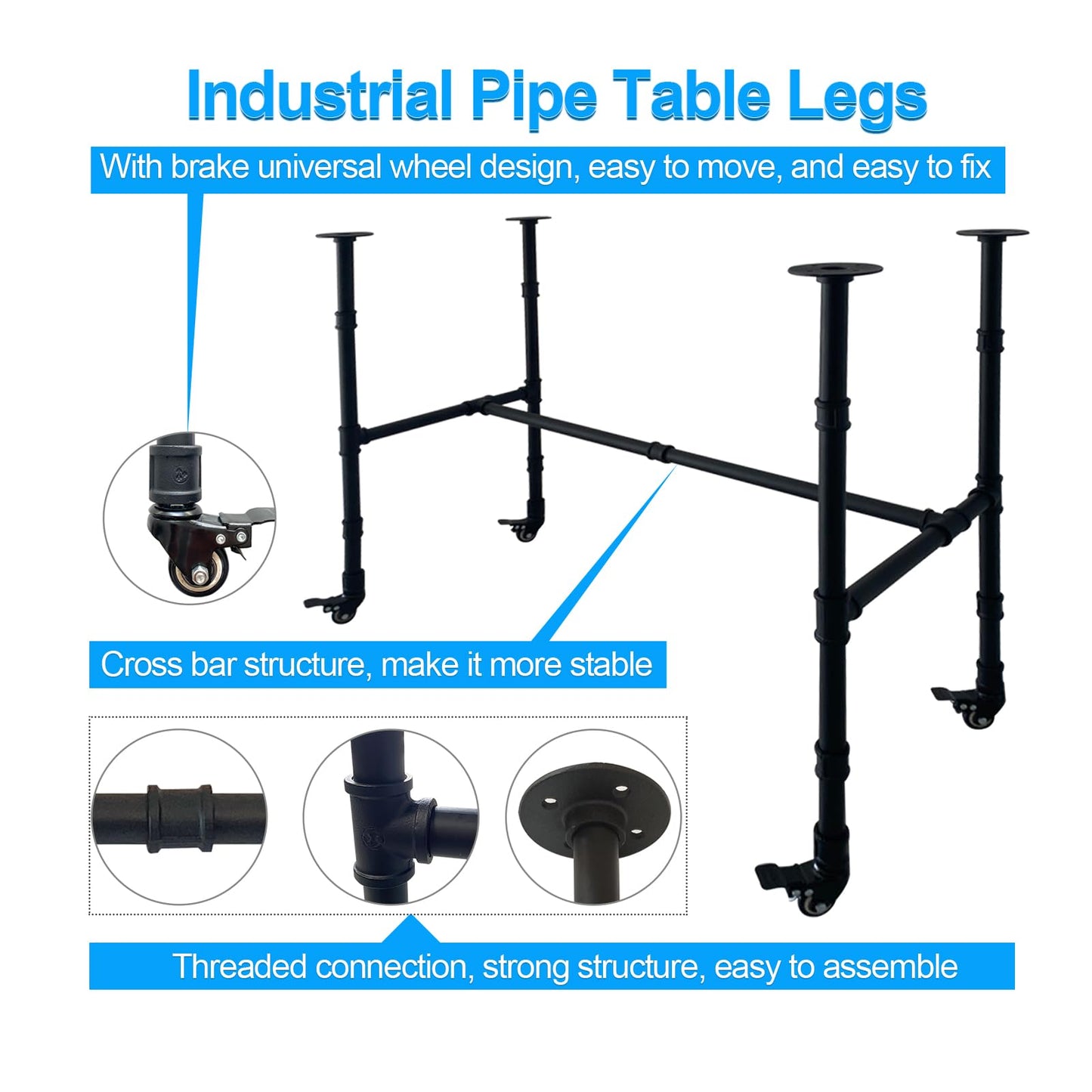 IFYISUN Industrial Pipe Table Leg Set with Casters,Black Rustic Metal Pipes for Coffee & End Tables, Desks,Vintage Furniture Legs,DIY Desk Legs(L 38x W18 x H 30")