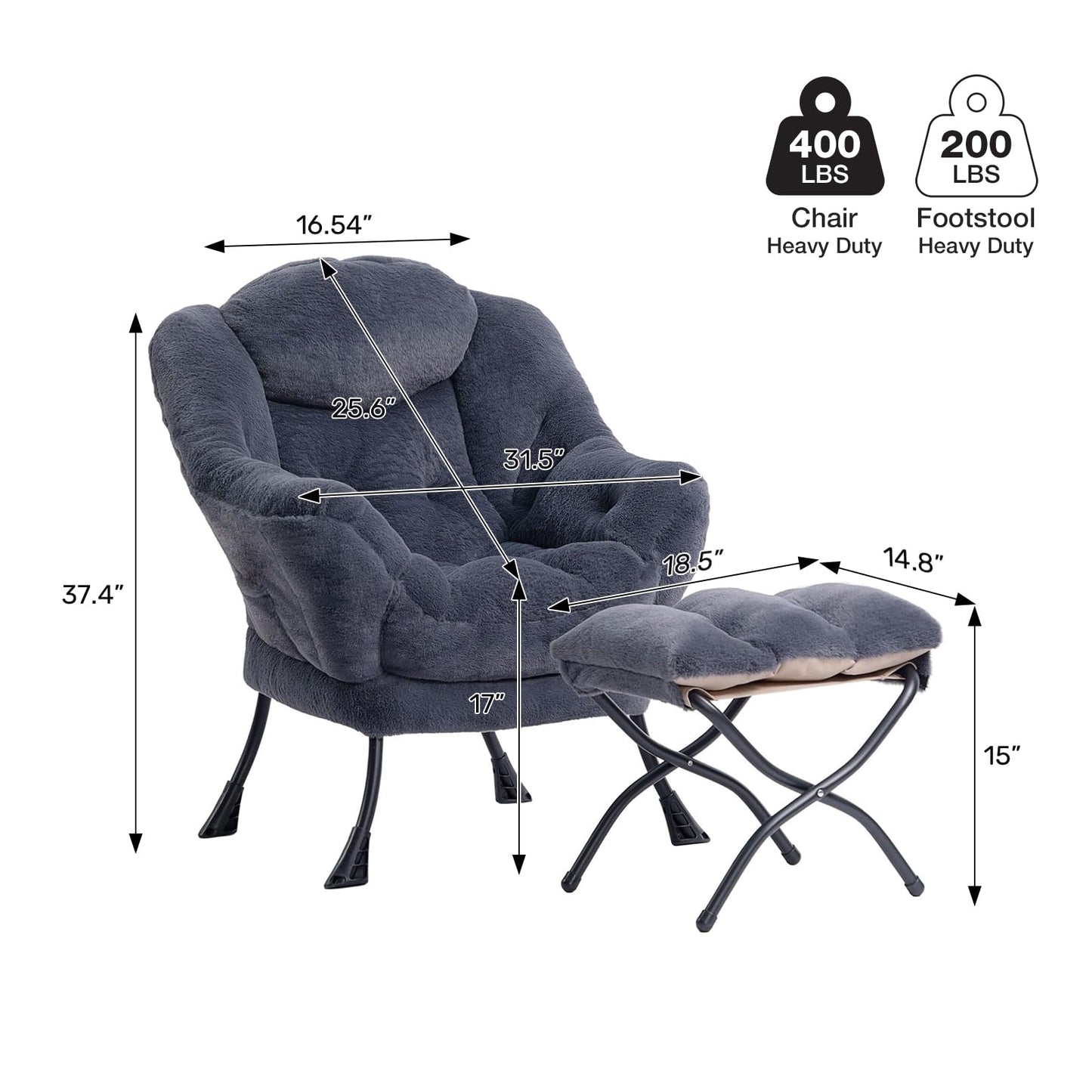 HollyHOME Lazy Chair with Foldable Ottoman, Accent Comfy Lounge Armchair and Folding Footrest Stool, Leisure Sofa Reading Chair and Footstool for Living Room, Bedroom, Dorm,Faux Fur Navy Blue