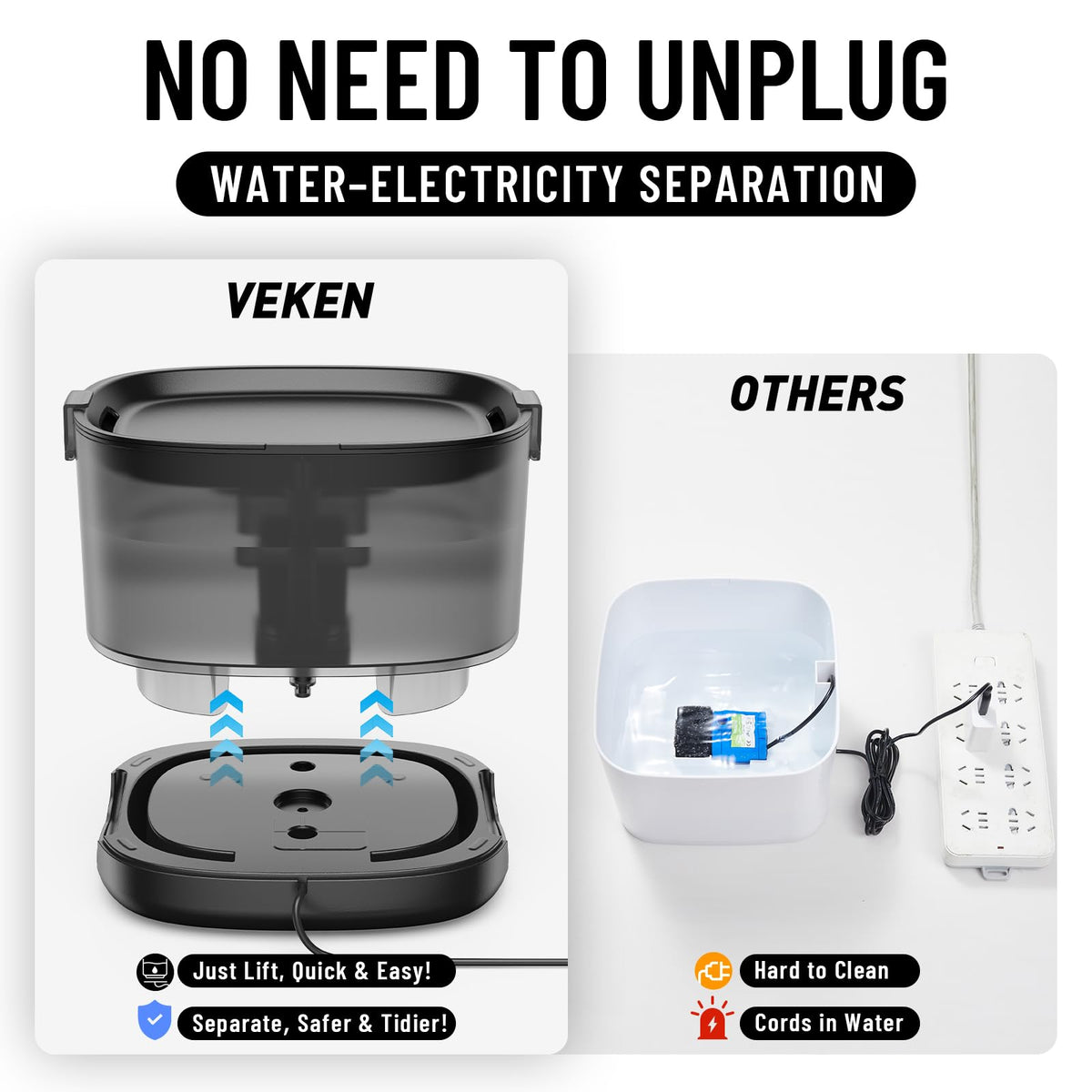 Veken Cat Water Fountain with Detachable Tank & Secure Clips, Easy to Clean & Assemble, 85oz/2.5L Pet Drinking Dispenser with Quiet Operation & LED Light, Gifts, Cats, Dogs and Small Pets, Black