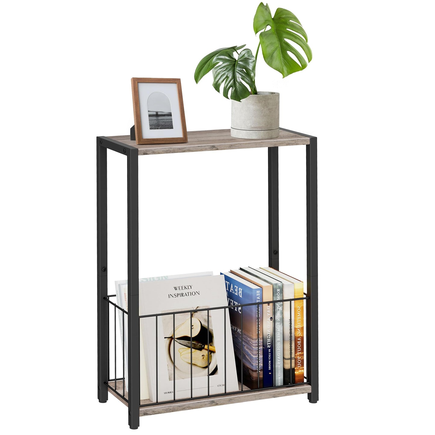 Homleke Narrow Side Table with Magazine Holder, Skinny End Table Perfect for Small Spaces, Space-Saving Design for Living Room, Bedroom, or Office, 7.1" D x 16.9" W x 23.6" H, Greige