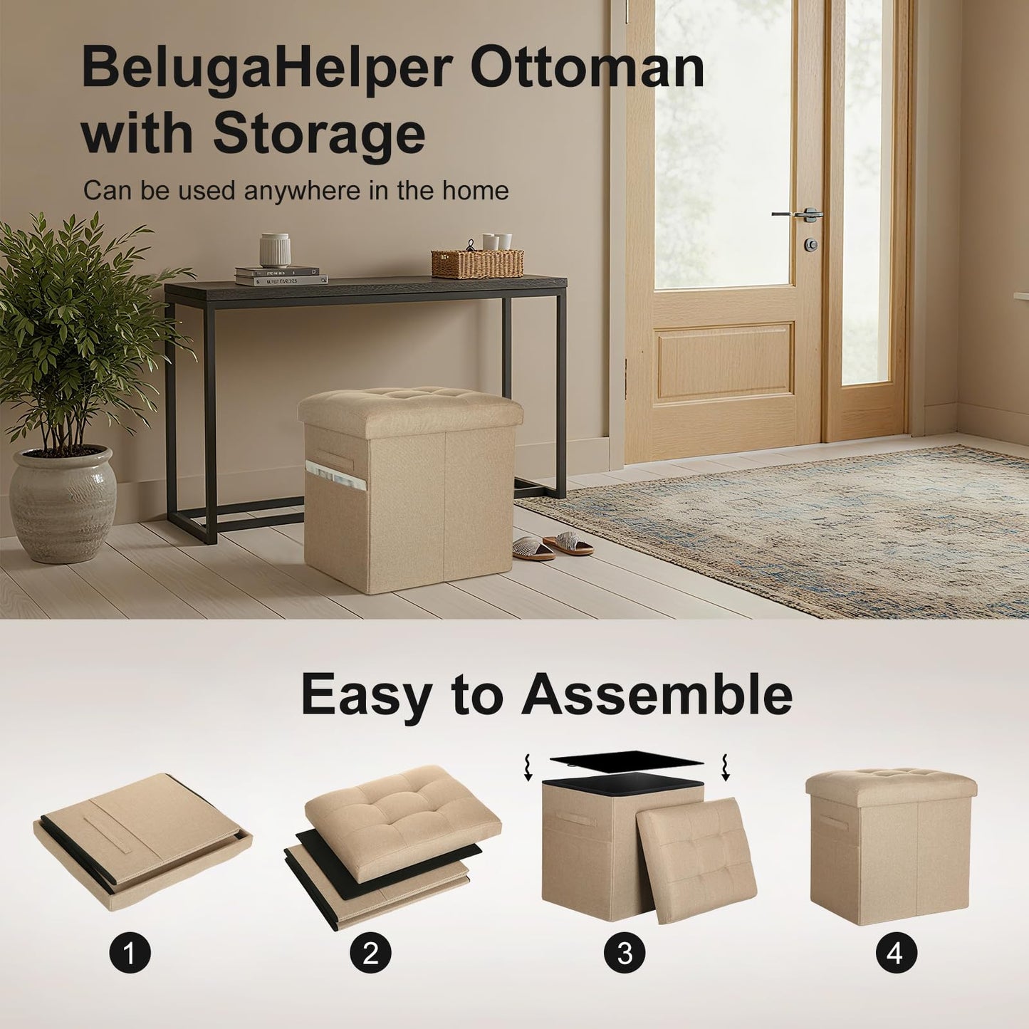 Ottoman with Storage, Small Storage Ottoman Foot Rest with Thicker Foam Padded Seat. 61L Slim Tall Foldable Linen Cloth Foot Stool for Living Room Bedroom, 300lbs Weight Support, 17x13x13IN, Beige