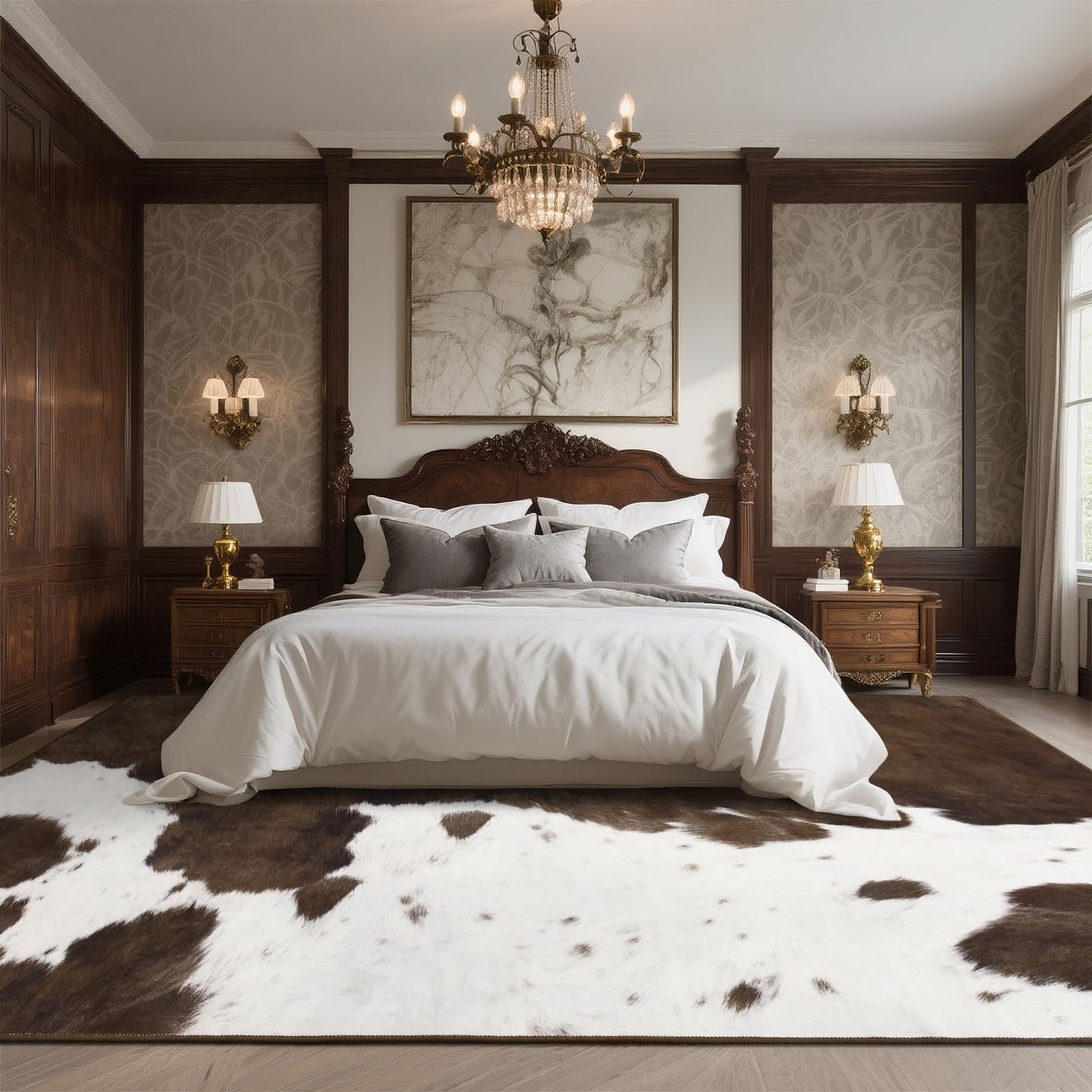 DweIke Cow Print Rug – 5x7 Faux Cowhide Carpet, Washable Soft Non-Slip Stain Resistant Animal Cow Hide Rugs for Living Room Bedroom Dining Room Office, Western Home Decor, Brown