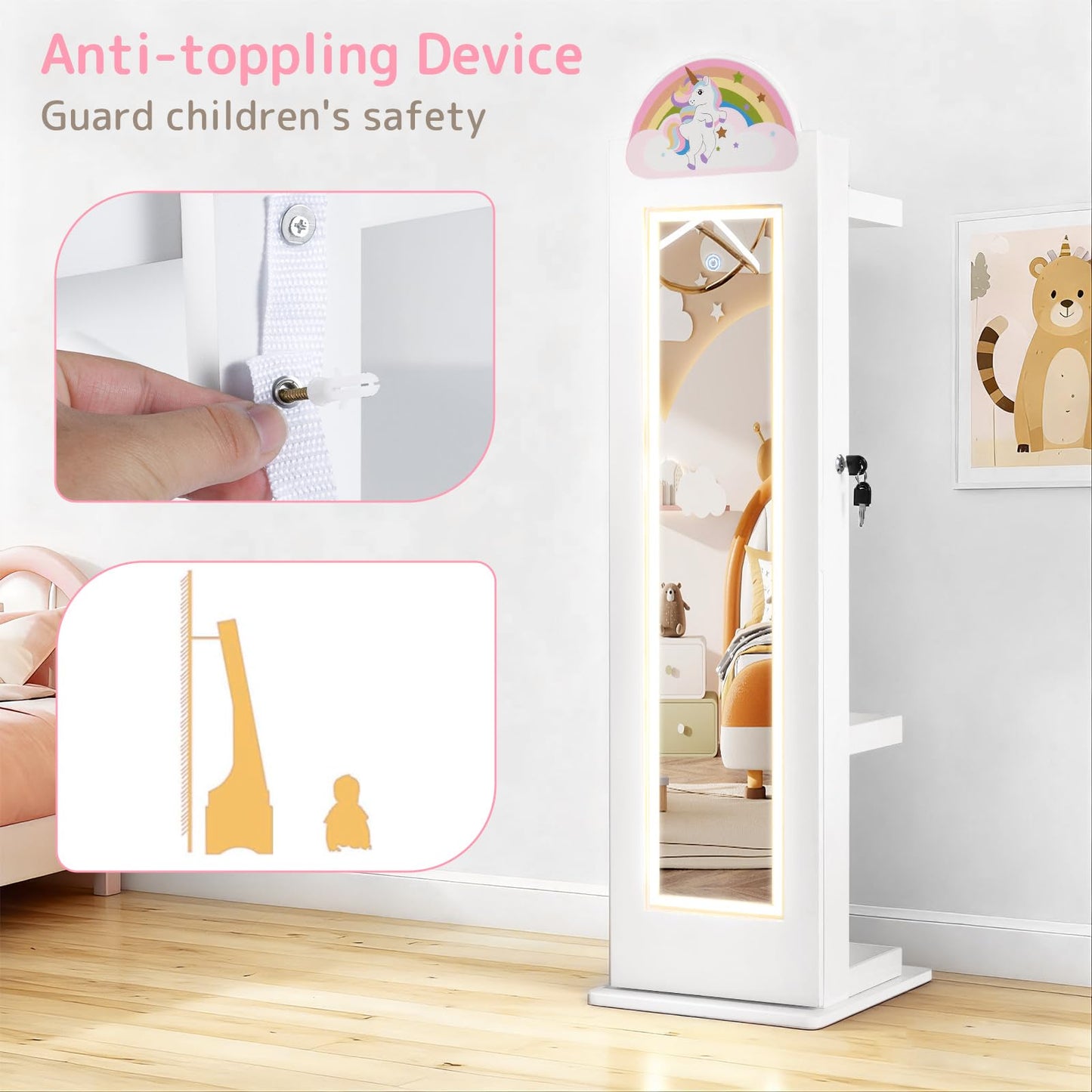 INFANS Kids Jewelry Armoire Cabinet with LED Lights, Lockable Standing Organizer with Full-length Mirror, Unicorn Theme Children Vanity Dress Up Storage Rack for Girls