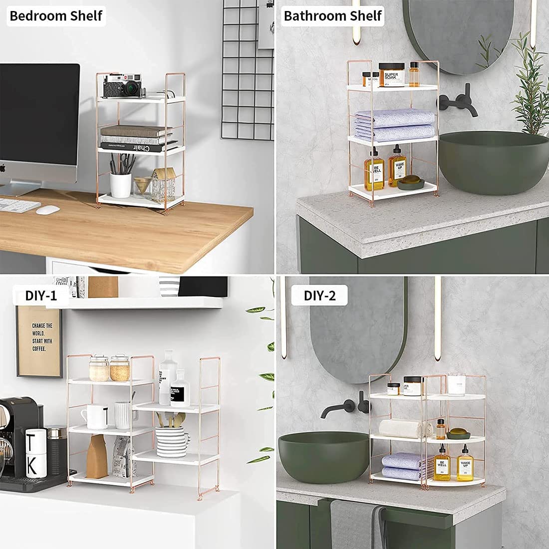 kaileyouxiangongsi Plastic/Metal Freestanding Stackable Organizer Shelf,Bathroom Countertop Storage Shelf Cosmetic Organizer Holder Kitchen Spice Rack,3-Tier Standing Rack (Rose Gold)