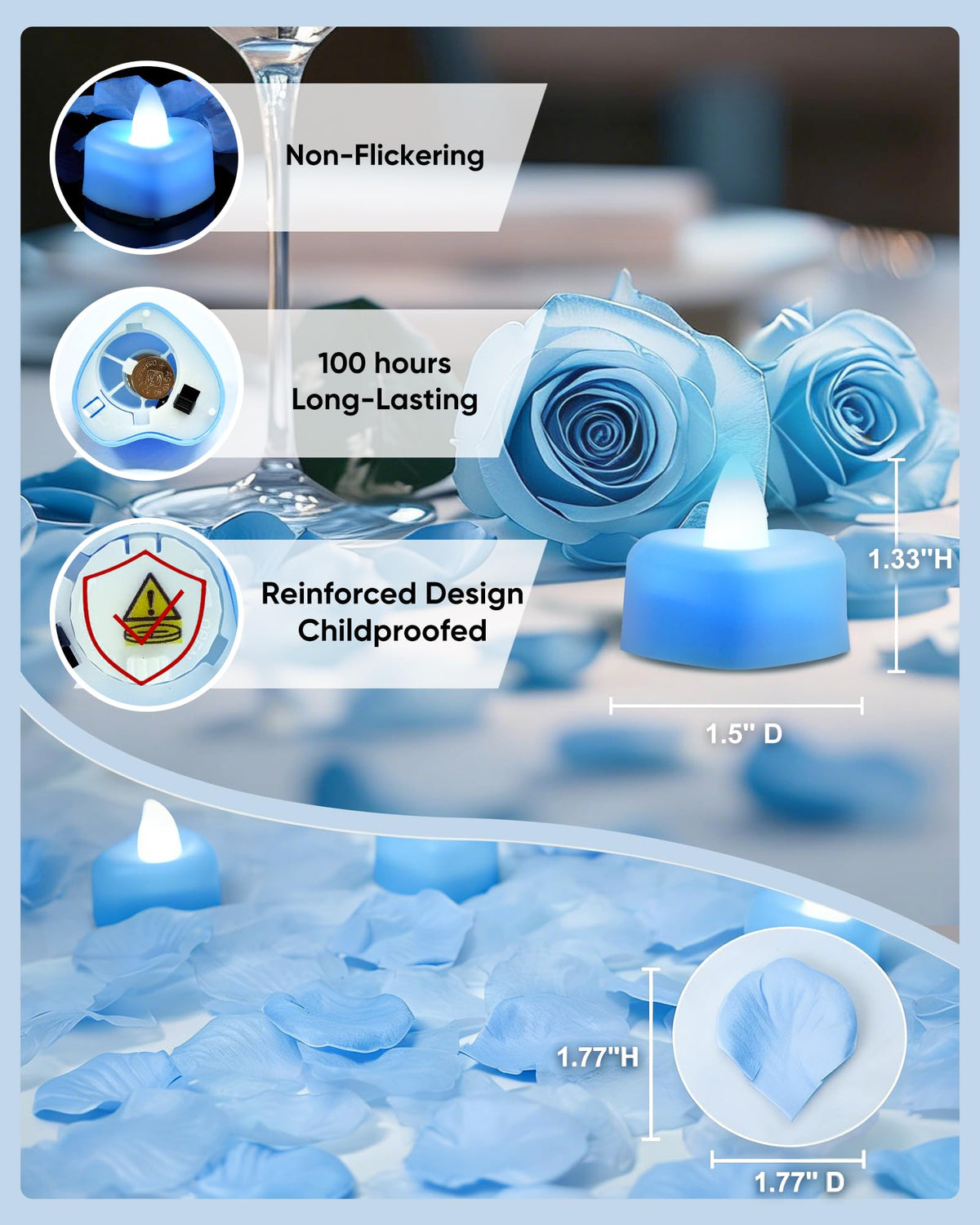 Amagic 2000 Pieces Light Blue Artificial Rose Petals with 24 Light Blue LED Tea Lights, Rose Petals and Candles Set for Proposal, Anniversary, Romantic Night, Wedding Decor