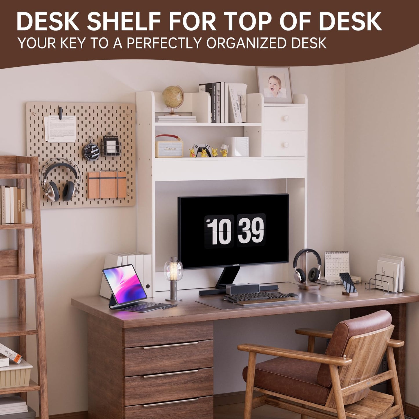 YGYQZ 2 Tier Desktop Bookshelf, Countertop Storage Hutch for Computer Desk, Desk Organizer Shelf with Vertical Storage, Multi-Functional Wood Desk Hutch for Home Office & Dorm, White