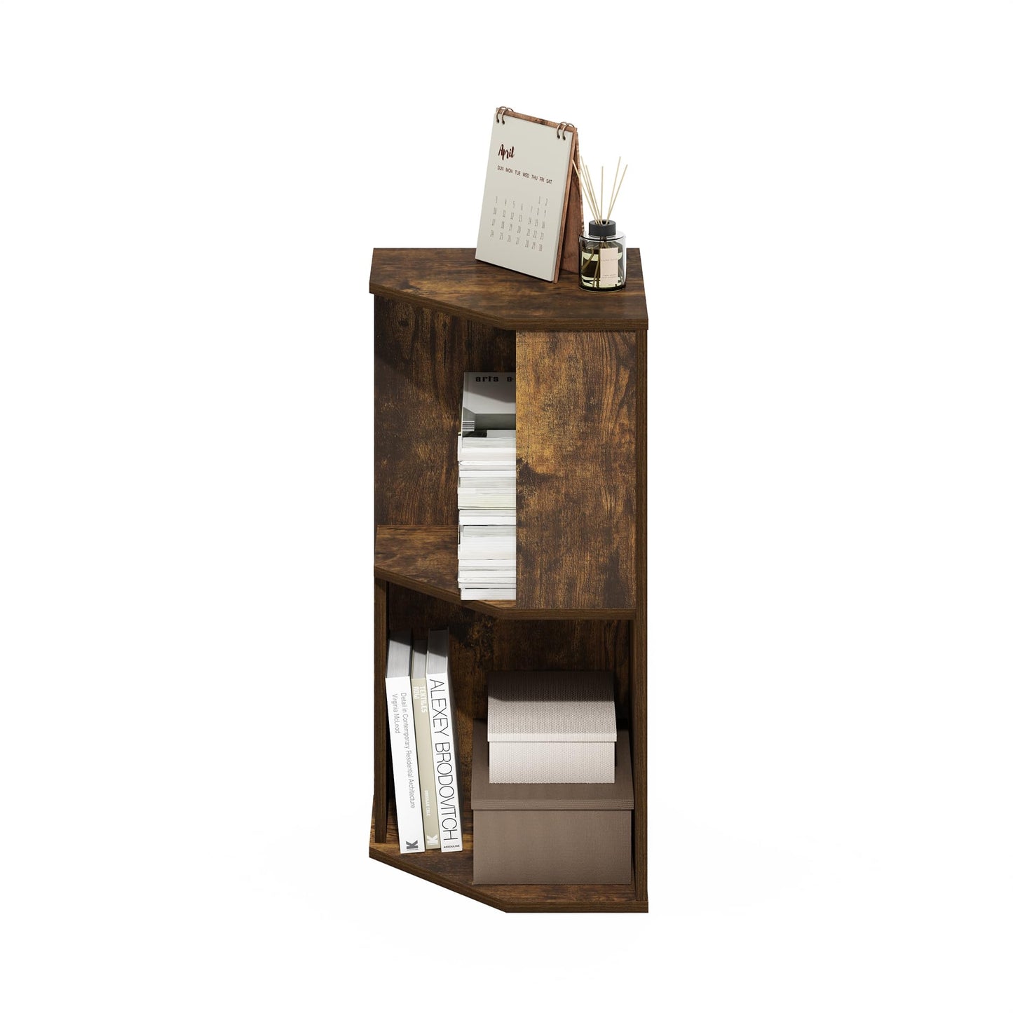 Furinno ECON Corner Shelf, 2-Tier Corner Book Shelf, Standing Storage Shelves, Cube Display Rack, Bookshelf, for Organization and Storage, Living Room, Home Office, Amber Pine