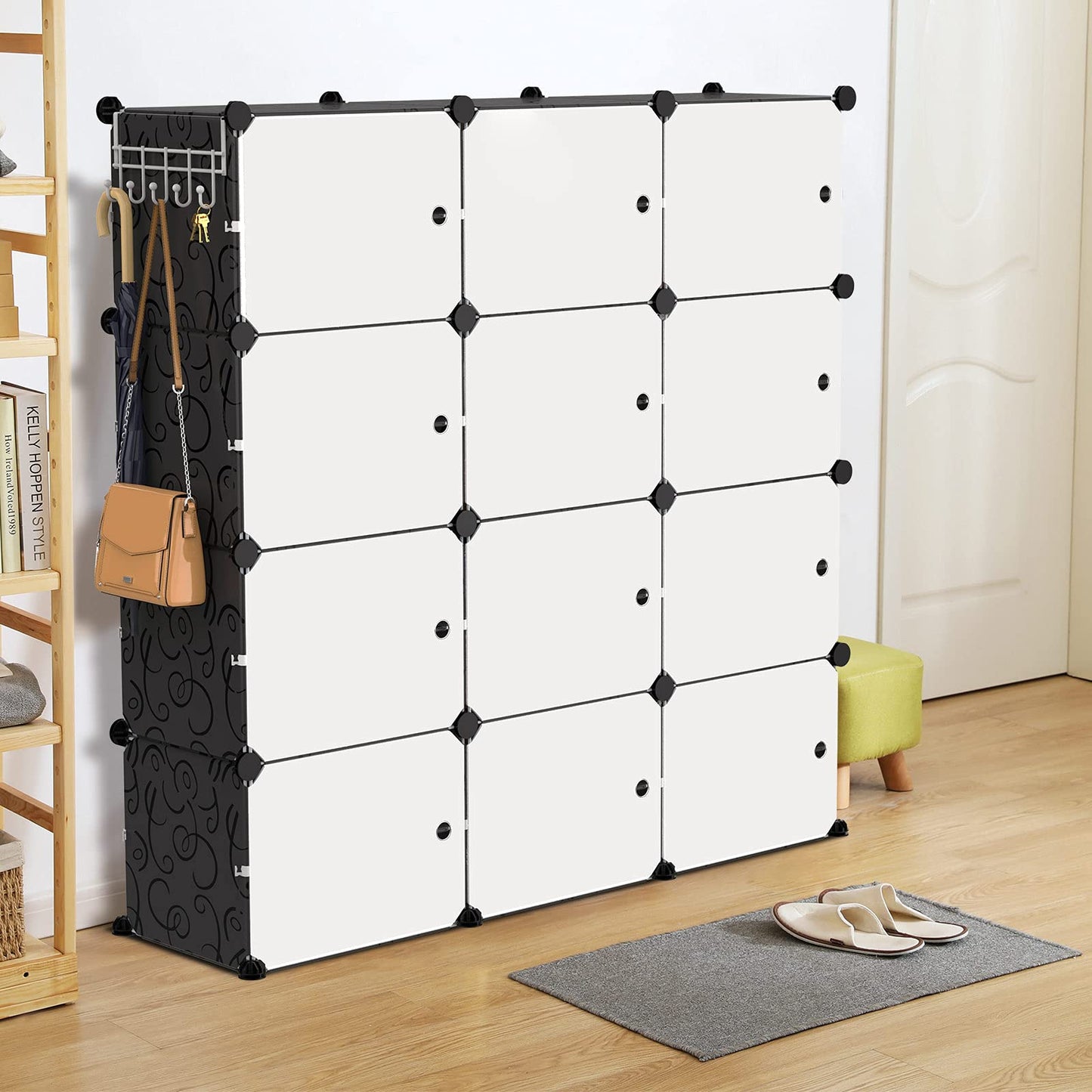 VTRIN Portable Shoe Rack Organizer - 48 Pair Tower, 4 Tiers for Entryway Shelf Storage - Cabinet Stand for Heels, Boots, Slippers - Narrow Standing Stackable Space Saver - Black White