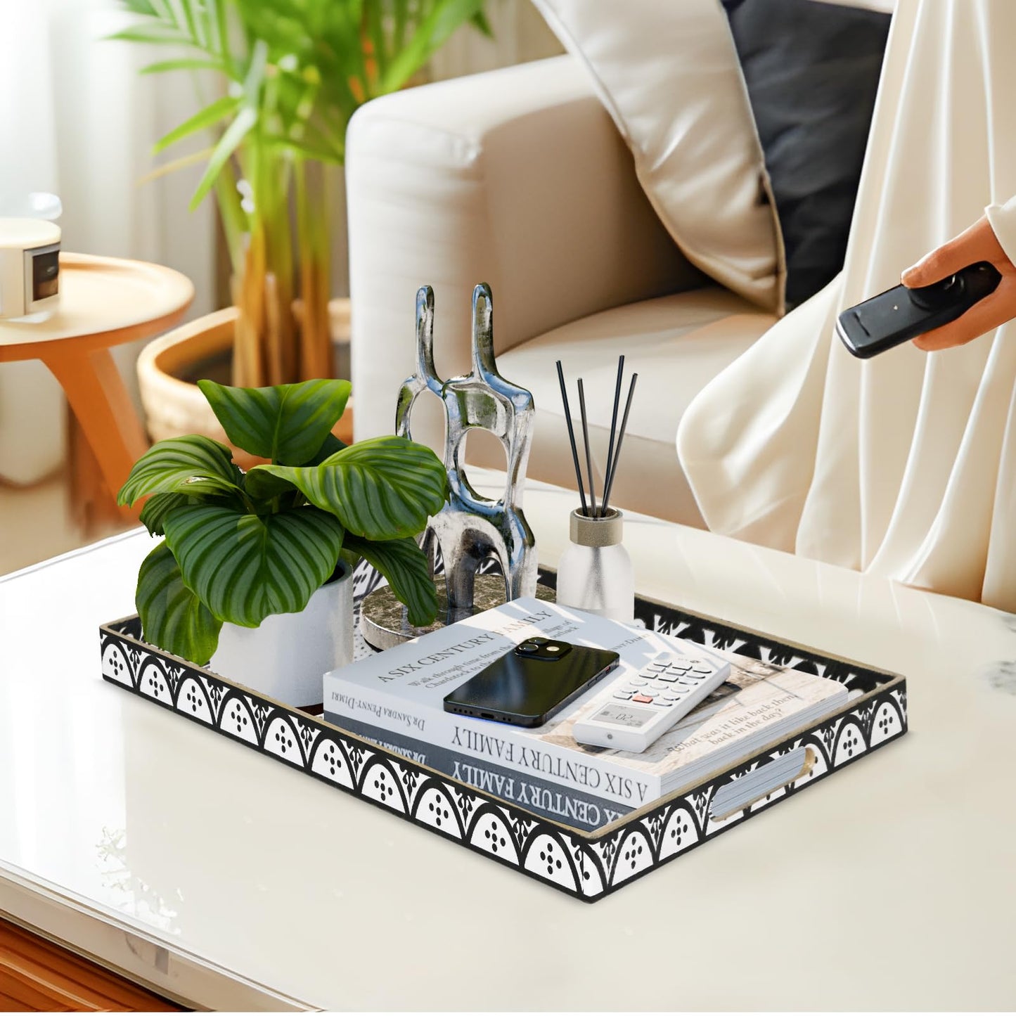 MAONAME Plastic Serving Tray with Handles, Modern Black Tray for Coffee Table, Rectangular Trays with Flower Pattern, Decorative Trays for Ottoman, 15.8" Lx 11.8" W X 1.6" H