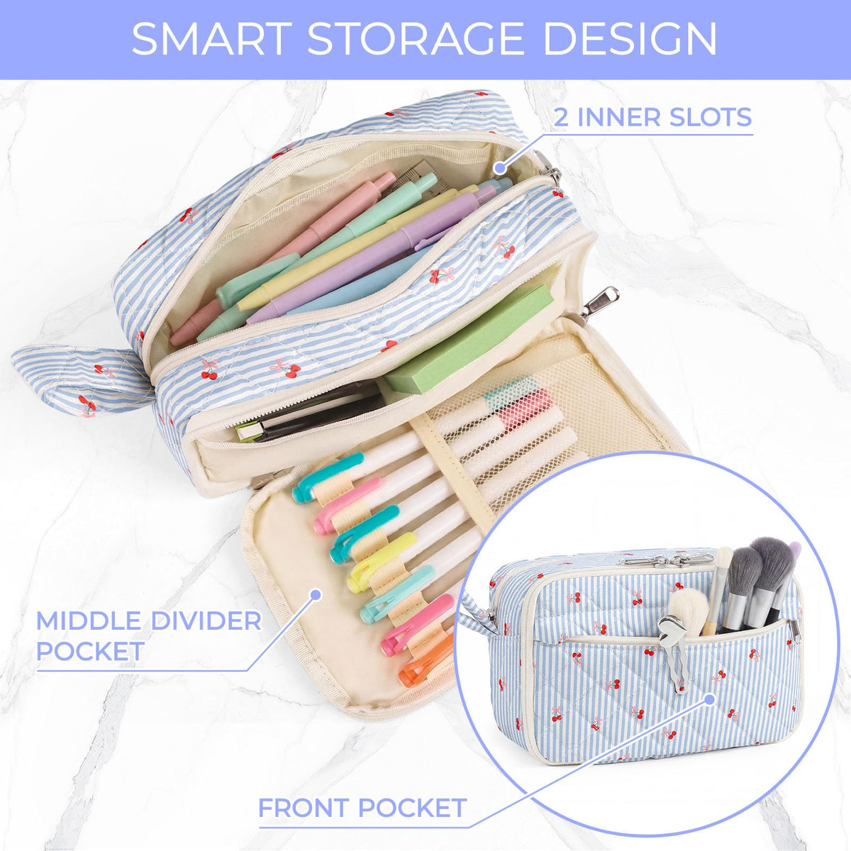 WOBAGMEN Quilted Pencil Pouch for Girls Women, Large Pencil Case Pouch with Compartments Cute Aesthetic Pencil Case Organizer, Floral Pencil Bag for School Supplies (Striped Cherry)