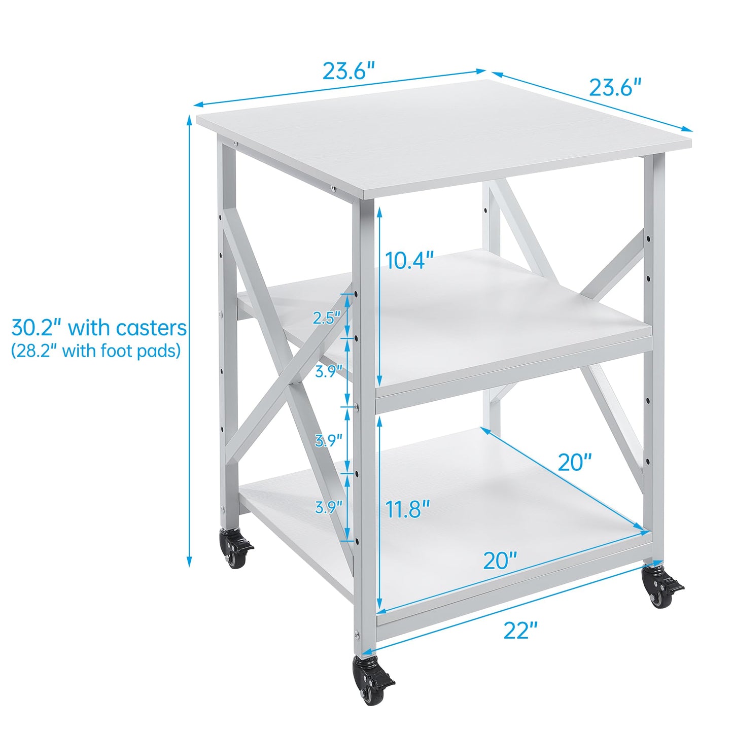 Fannova Large Printer Stand with Height Adjustable Storage Shelf, 23.6 x 23.6 Inches Square Printer Table with Industrial Wheels, Multi-use 3 Tier Rolling Printer Cart for Home Office - White