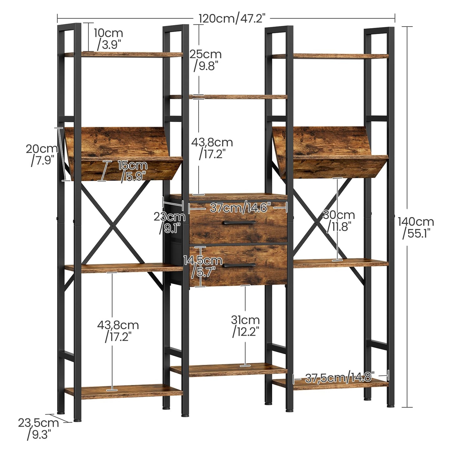 CHOEZON 3-Column Bookcase, 55.1" Bookshelf with 2 Non-Woven Fabric Drawers and V-Shaped Shelves, Display Storage Shelf for Living Room, Office, Study, Rustic Brown and Black TSJ03BF