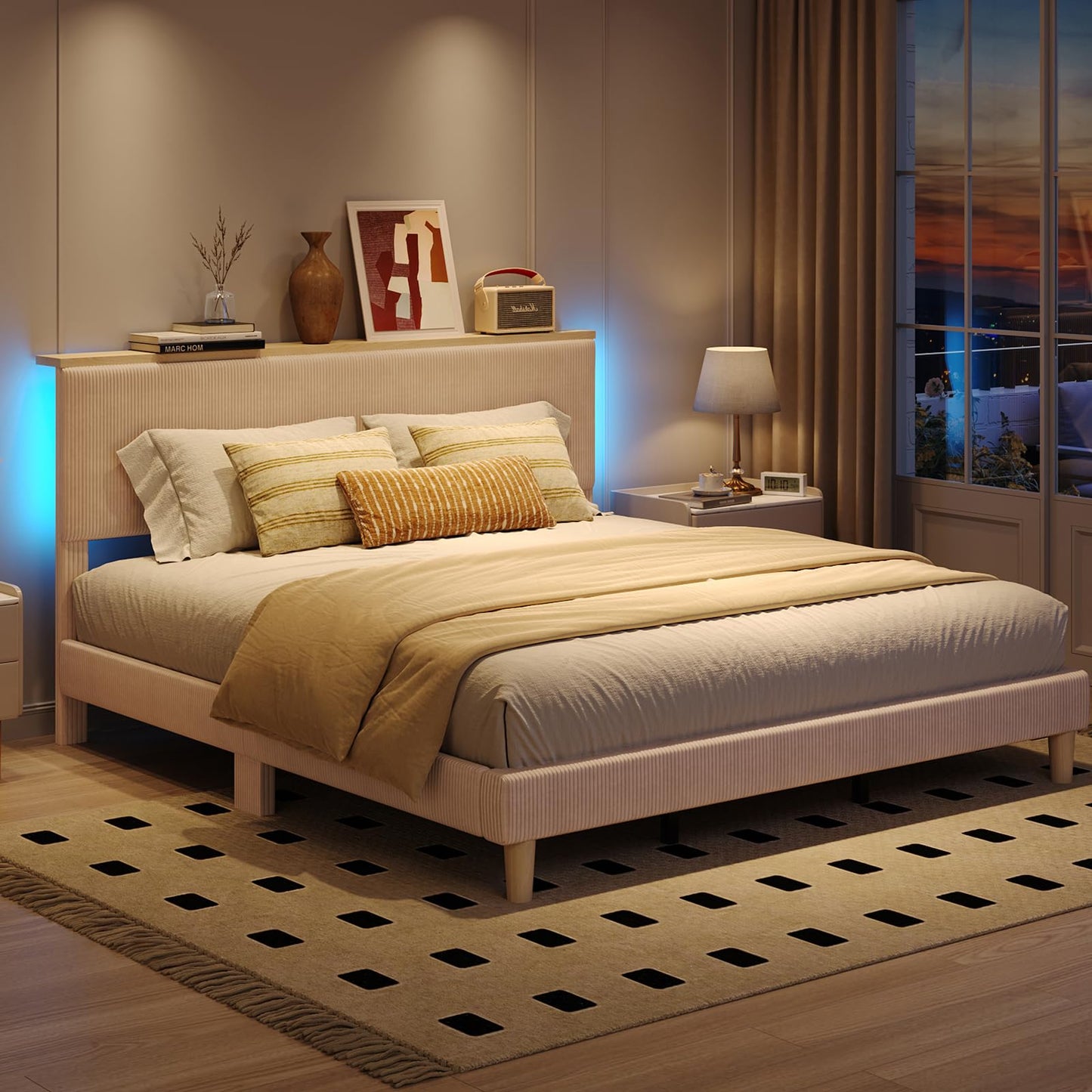 Bestier King Bed Frame with Adjustable Headboard & LED Lighting, Corduroy Upholstered Platform Bed Frame with Storage Shelf, Solid Wood Slats, No Box Spring Needed,Never Squeak, Easy Assembly, Taupe