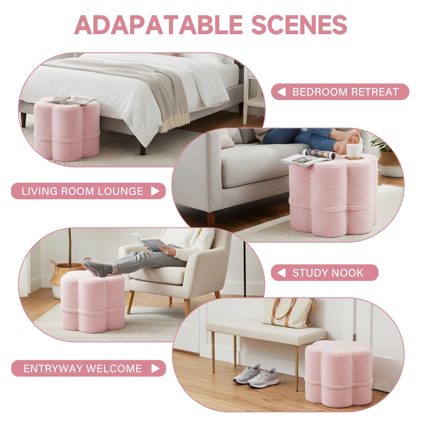 Tiita Floral Pouf Ottoman, Foot Stools Ottoman with Foam Chunk Filling, Puff Foot Rest for Couch, Living Room, Kids Room, Pink