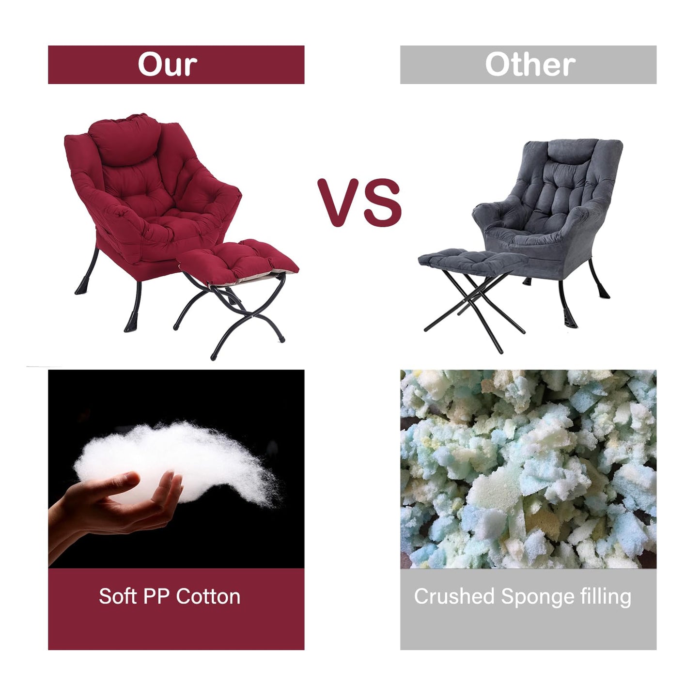 LITA Lazy Chair with Ottoman, Modern Accent Leisure Upholstered Sofa Chairs, Contemporary Lounge Reading Chairs with Armrests and a Side Pocket for Living Room, Bedroom & Small Space, Burgundy