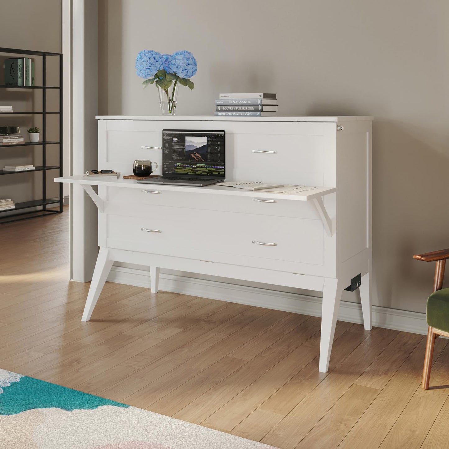 Maykoosh Full Murphy Bed Desk with 6" Mattress & Built in Charger in White