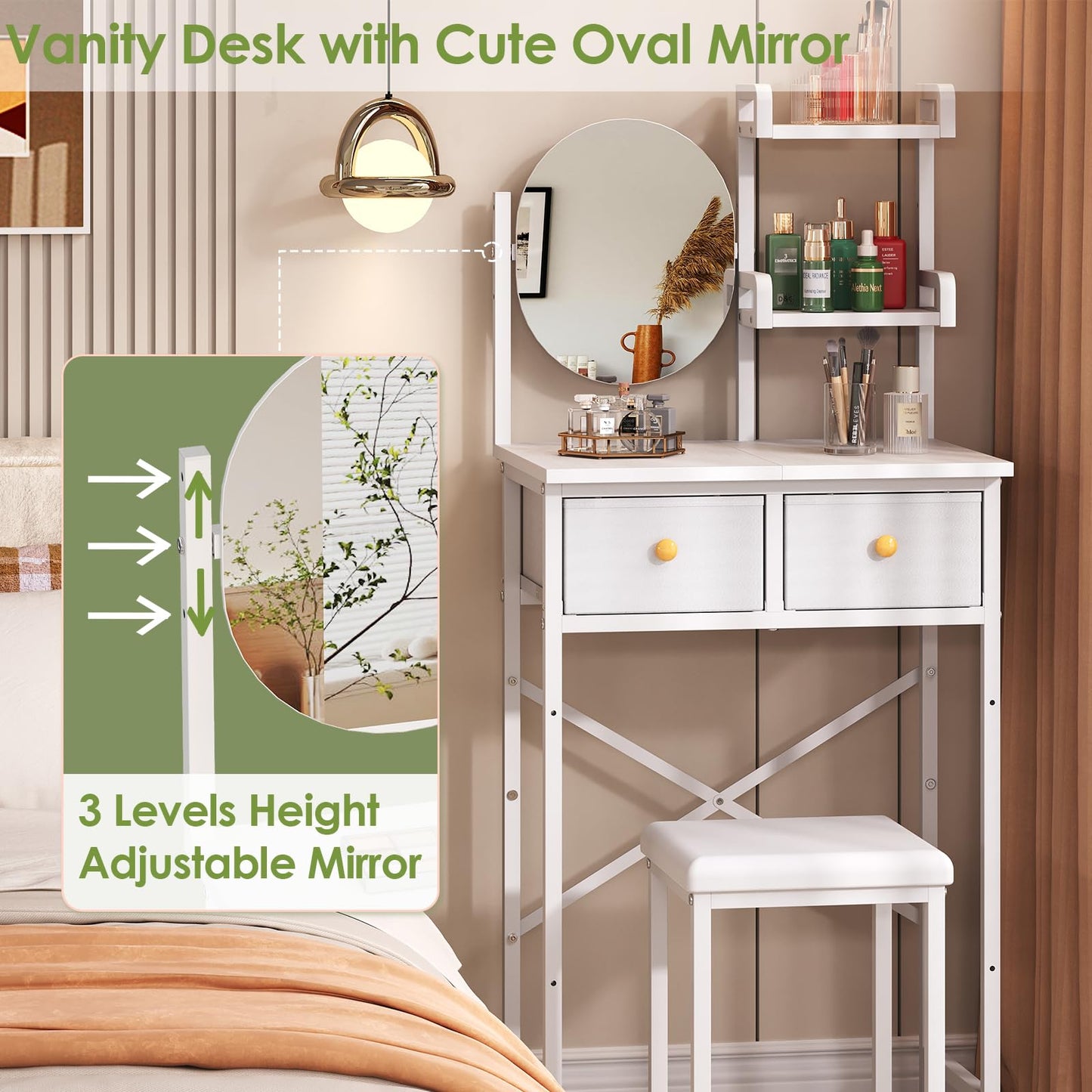19.7"W Small Vanity Desk with Mirror & Chair, Mini Cute Makeup Vanity Table Set with 2 Fabric Storage Drawers Opening Shelves, Compact Vanity Desk for Kids Girls Gifts, Bedroom & Small Spaces, White