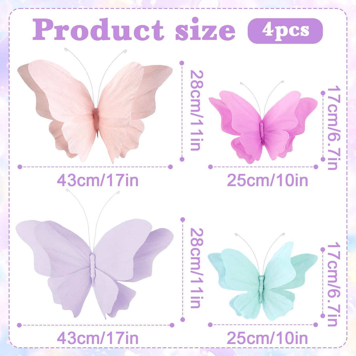 OBBOLO 3D Hanging Butterfly Decorations, Butterfly Birthday Party Decorations, 4 Pcs Crepe Paper Butterfly Hanging Decorations for Girls, Women, Flower Garden Party Decorations