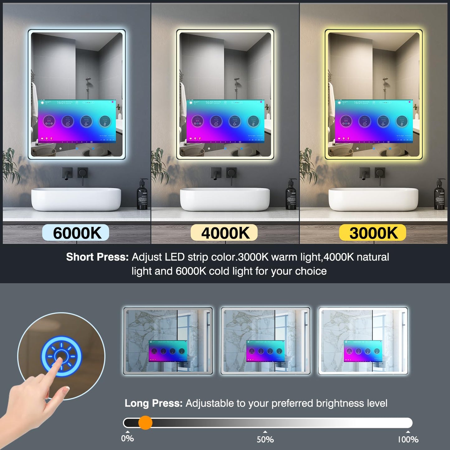YOURYOKE 24×32 Inch Smart Vanity Bathroom Mirror with 21.5" Waterproof Touchscreen TV, Android OS, Weather Clock Date,WiFi/Bluetooth/HDMI, Anti-Fog, 3-Color LED Lights,Bedroom,Hotel&Spa Wall Mounted