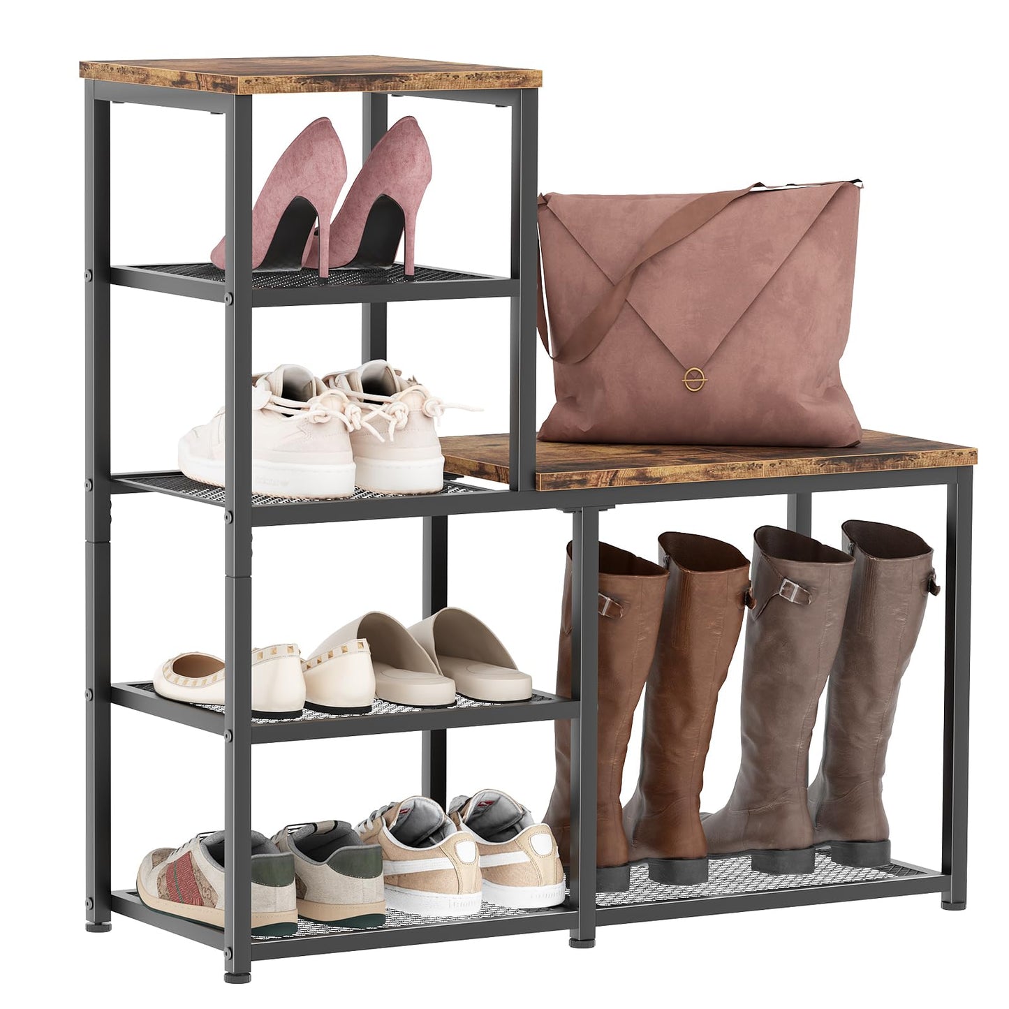 Katrawu Shoe Rack Bench for Entryway,Free Standing Shoe Storage Organizer for Front Door Entrance,4-Tier Boot Rack Holder Shelf for Closet with Seat,Sturdy Shoe Shelves for High Heels(Brown)