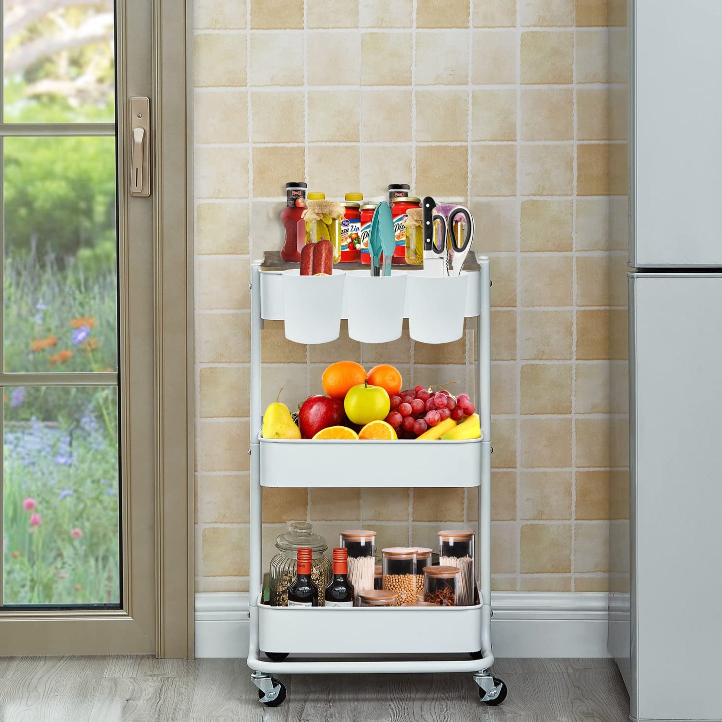 Melody House 3-Tier Metal Utility Rolling Cart Storage Side End Table with Cover Board for Office Home Kitchen Organization, Cream White