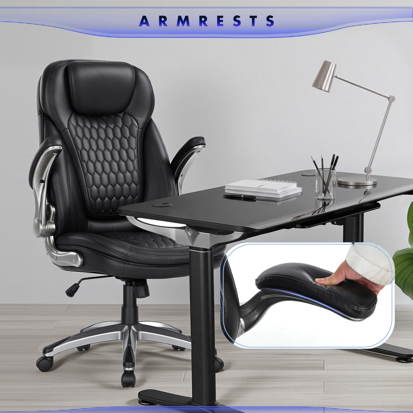 COLAMY High Back Executive Office Chairs,Ergonomic PU Leather Desk Chairs with Flip-Up Armrests, Adjustable Height, Lumbar Support,Comfortable Computer Chairs for Home Office,Set of 2