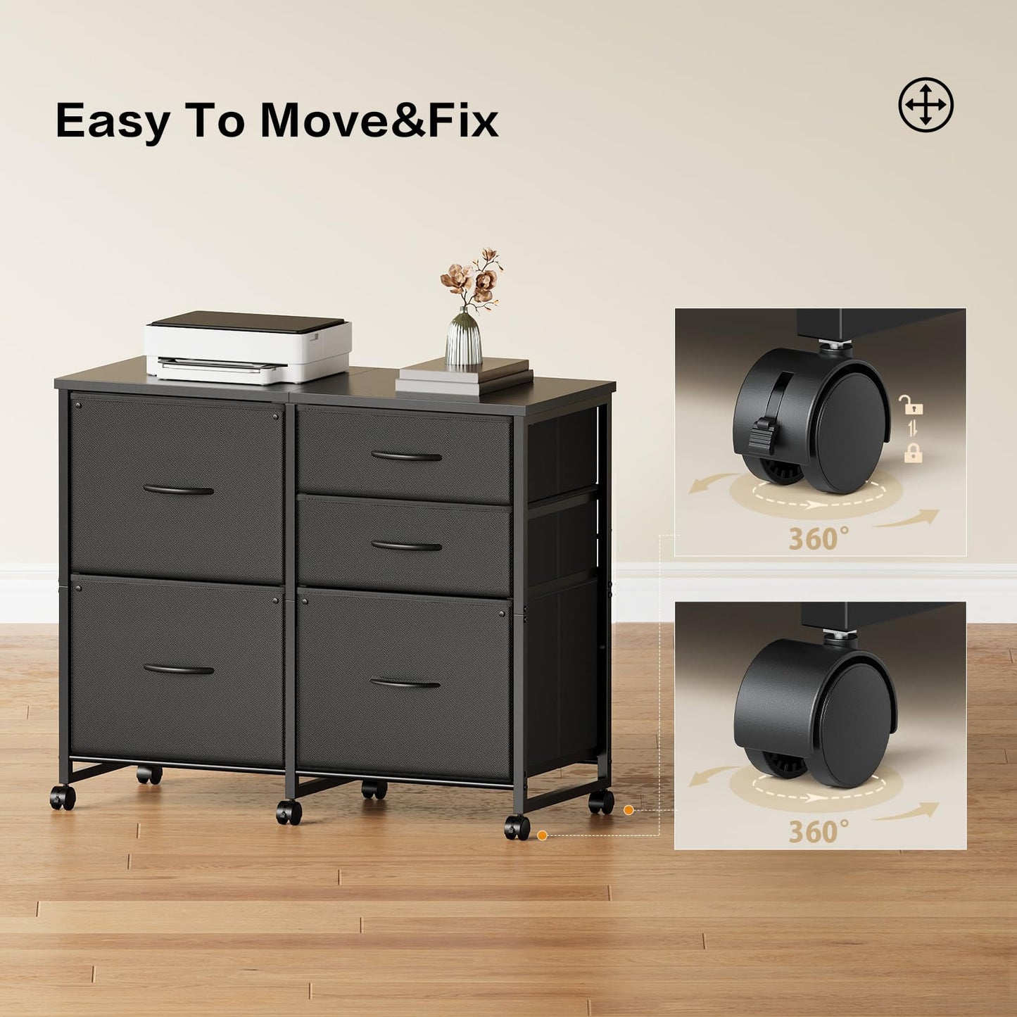 YeTom Lateral File Cabinet with 5 Drawers Rolling Filing Cabinets Under Desk Storage Printer Stand with Wheels,Mobile File Cabinet for Home Office,Black