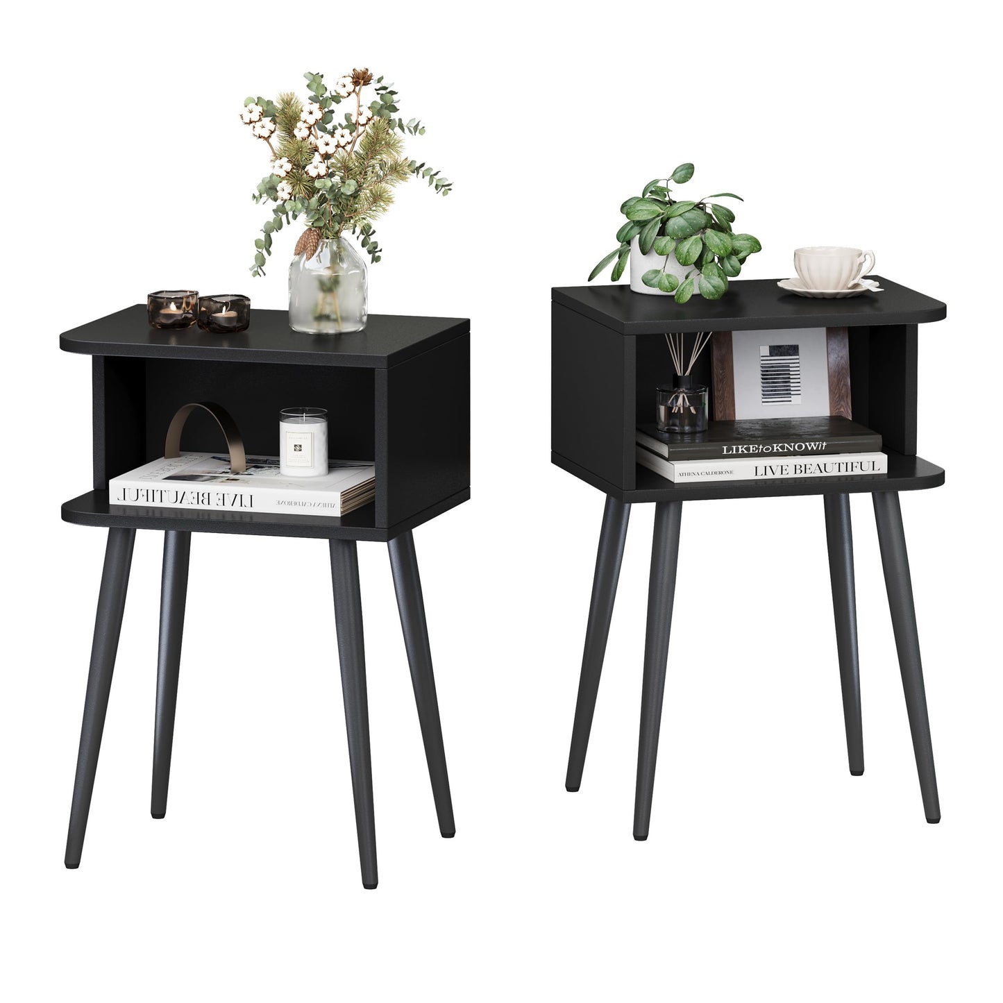 Black Nightstand Set of 2, Small Bed Side Table for Small Spaces, Mid Century Modern Nightstand End Table with Open Storage, Side Table for Bedroom Living Room, MLBZ20B-2