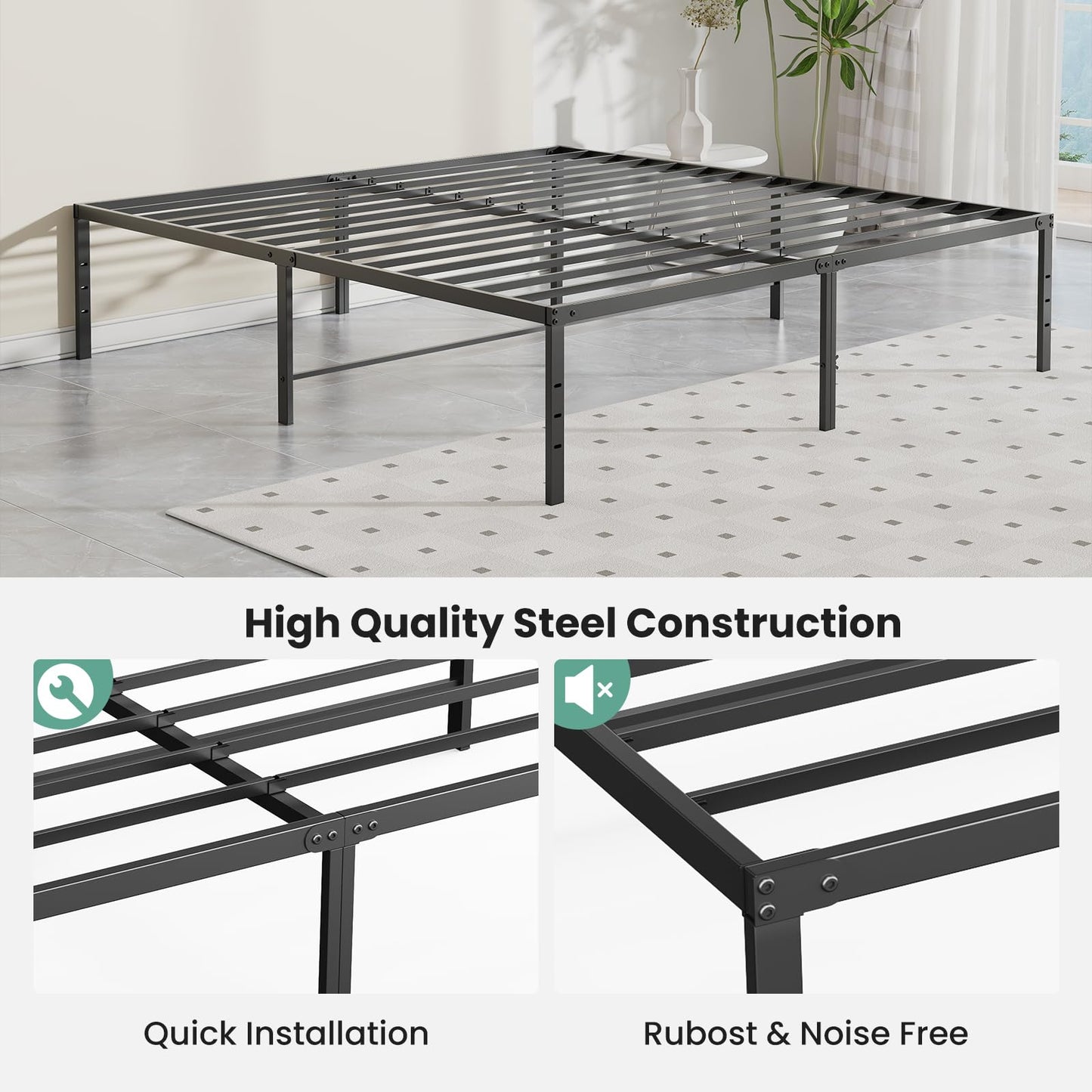 Sweetcrispy Full Size 16 Inch Platform Bed Frame, Heavy Duty Metal Foundation Frame, Noise-Free Sturdy Steel Slats, Underbed Storage, No Box Spring Needed, Quick Setup