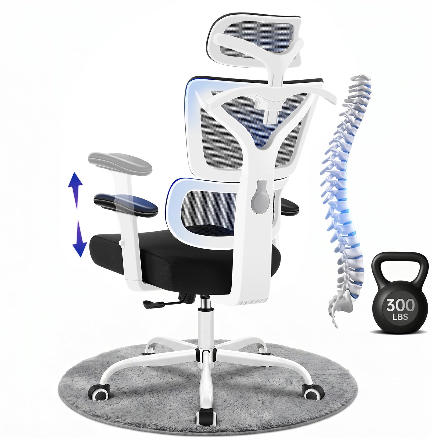 Hayelf Ergonomic Office Chair, High Back Mesh Computer Chair with Comfortable Adaptive Lumbar Support, Built-in Coat Hanger, SGS Class 4 Gas Lift, Heavy Duty 300lbs for Long Hours Home Office