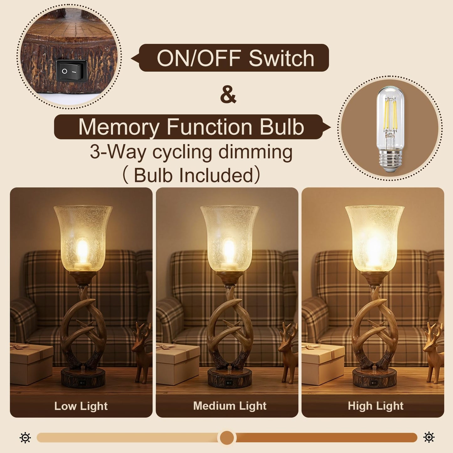 Scenekoy Antler Table Uplight Lamp Set of 2 for Living Room Bedroom, 20.5” Resin Memory Function Bedside Lamps with Glass Shade, Rustic Nightstand Lamp with USB Ports for Home Decor (Bulb Included)