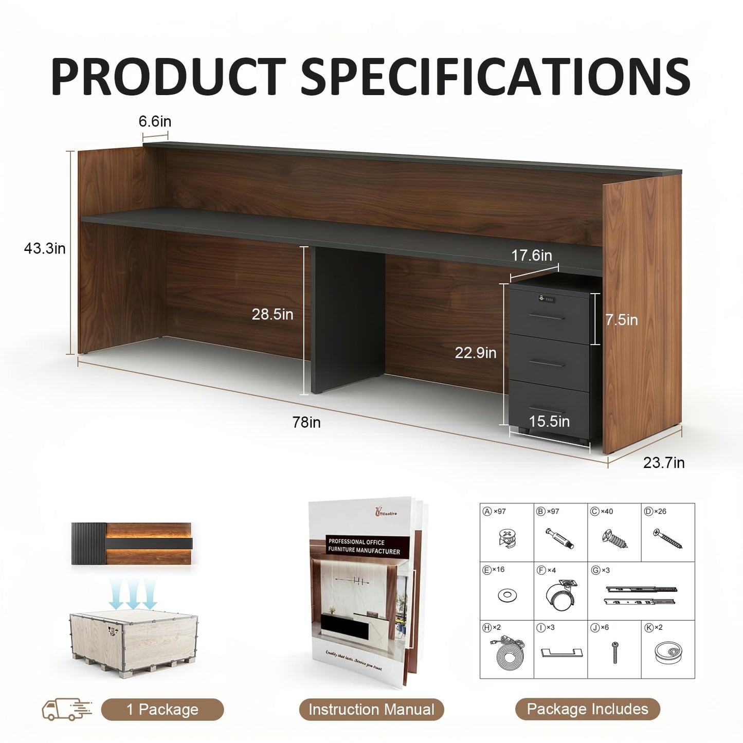 YTElantivo 78" Modern L-Shaped Reception Desk with LED Lights & Mobile File Cabinet,Black Brown Office Front Desk Reception Counter with Drawers & Lock (Black & Brown, 78 * 24 * 43IN)