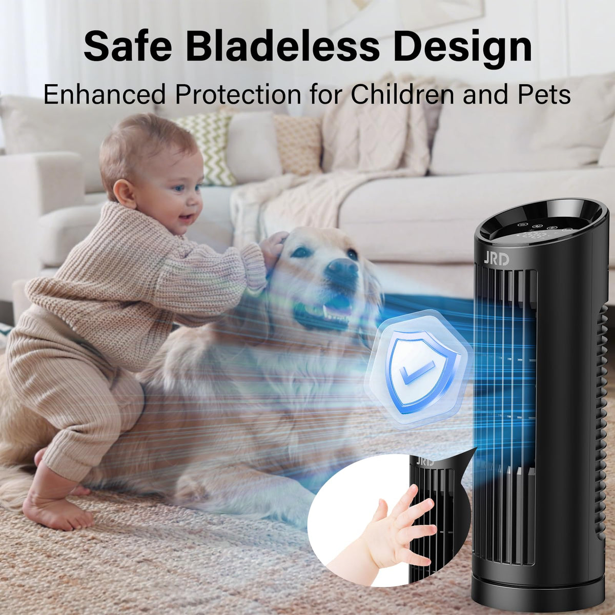 JRD 13'' Tower Fan for Bedroom, Quiet Cooling Desk Fan with Remote, 80° Oscillating, 3 Speed, 4 Mode, 12h Timer, Digital Touch Screen, Portable, Safe Bladeless Table Fan for Home Desktop Office
