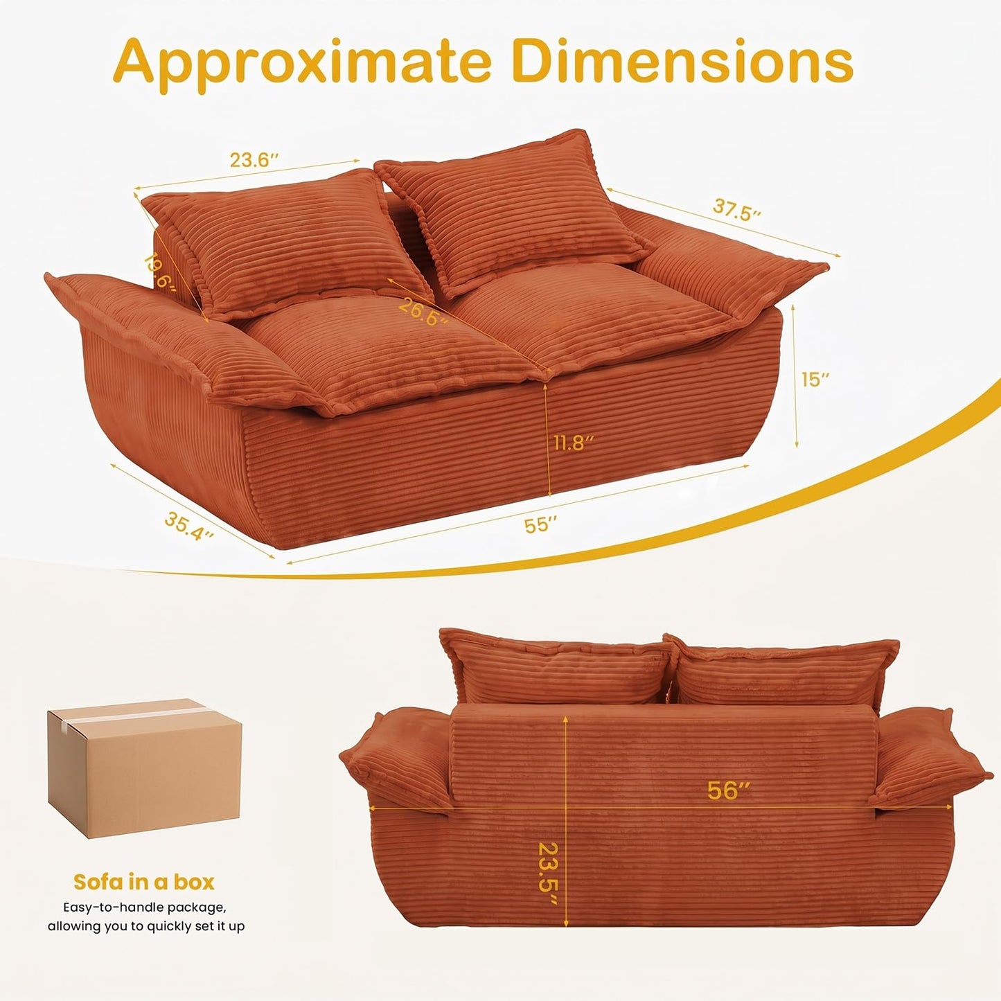 AOLVDOW 56" Boneless Loveseat Sofa, 2-Seater Boneless Sofa with Removable Cushions & 2 Pillows, Small Deep Seat Boneless Couch Compress Foam Sofa for Living Room, Apartments, & Office