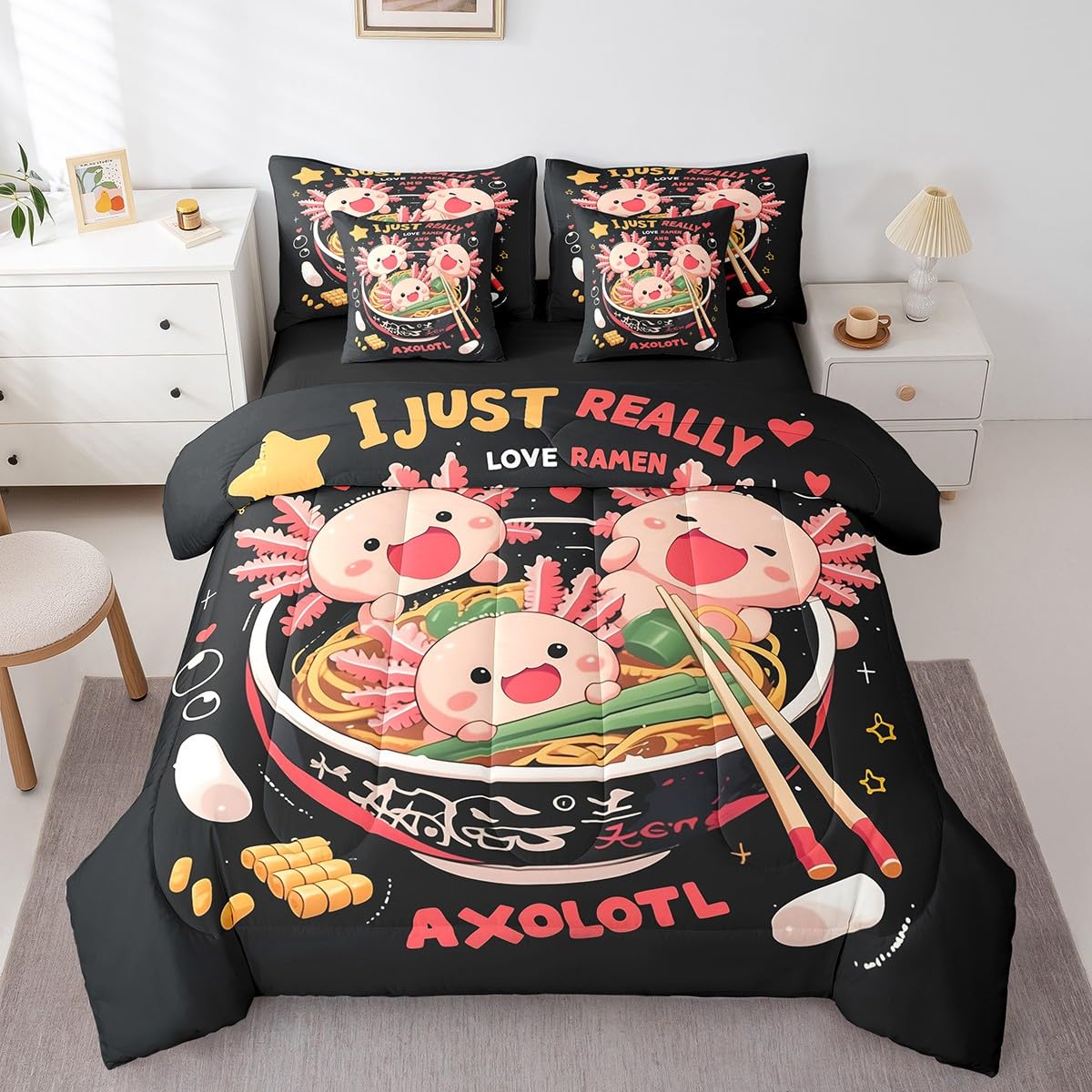 Erosebridal Funny Axolotl Queen Bedding Set,Ramen Noodle Comforter Set Gifts for Ramen Lovers,Food Themed Bed Set 7Pc Japanese Anime Style Bed in a Bag with Fitted Sheet,Flat Sheet,Pillowcases