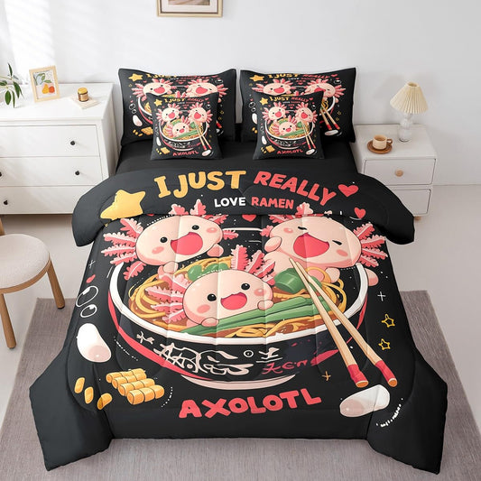 Erosebridal Funny Axolotl Queen Bedding Set,Ramen Noodle Comforter Set Gifts for Ramen Lovers,Food Themed Bed Set 7Pc Japanese Anime Style Bed in a Bag with Fitted Sheet,Flat Sheet,Pillowcases